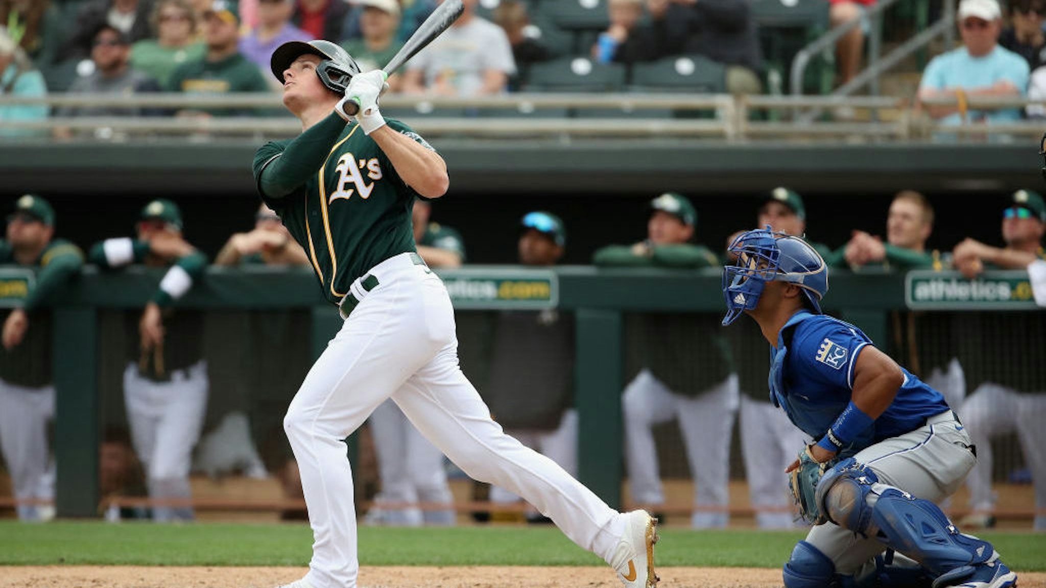 Matt Chapman #26 of the Oakland Athletics bats against the Kansas City Royals during the MLB spring training game at HoHoKam Stadium on March 10, 2020 in Mesa, Arizona. (Photo by Christian Petersen/Getty Images)