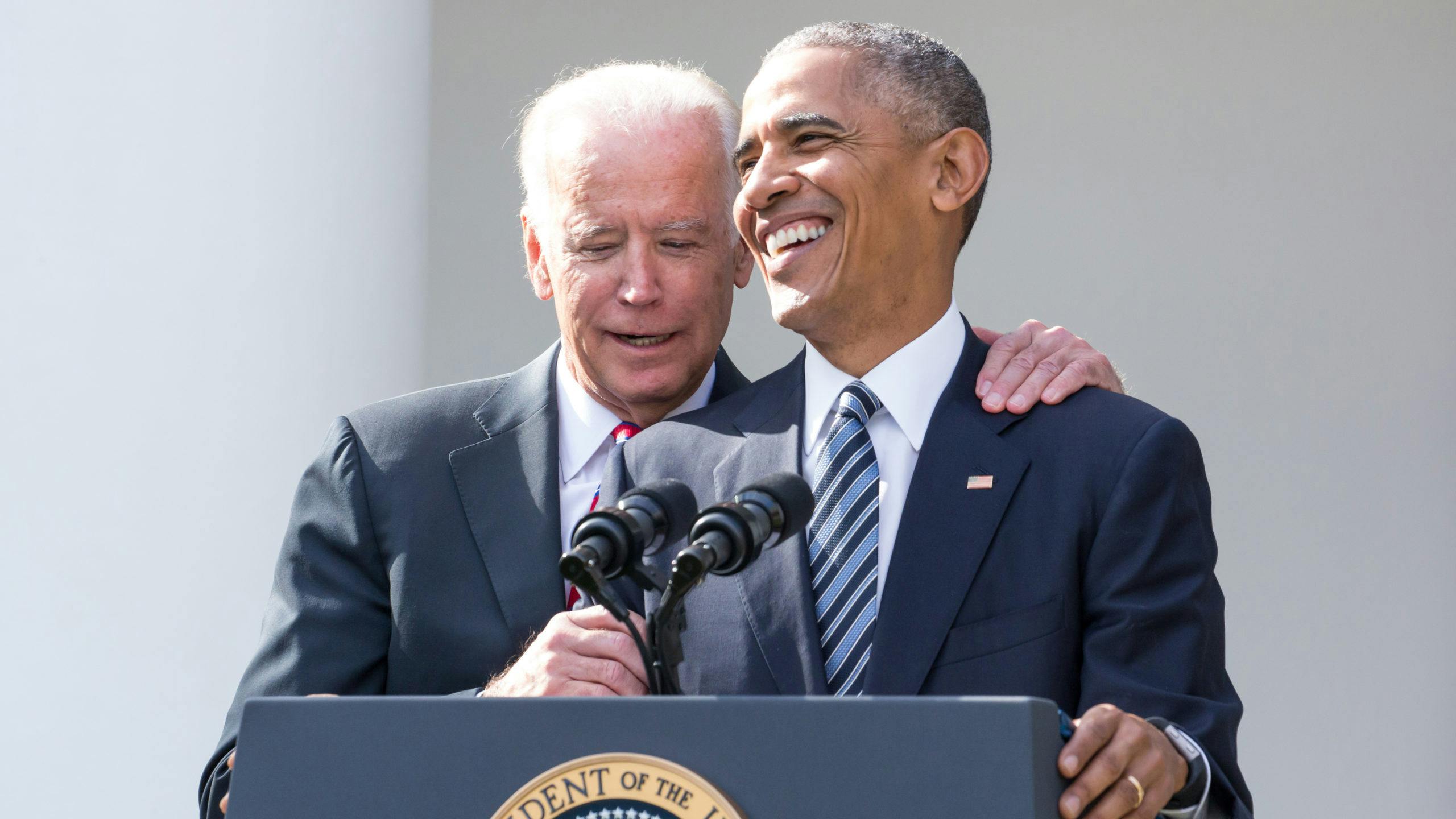 U.S. President Barack Obama, right, speaks as U.S. Vice President Joe Biden stands in the Rose Garden at the White House in Washington, D.C., U.S., on Wednesday, Nov. 9, 2016. No U.S. president put more on the line than Obama to ensure the election of his chosen successor. Now, Hillary Clinton's failure may serve as a repudiation of much of his two-term legacy.