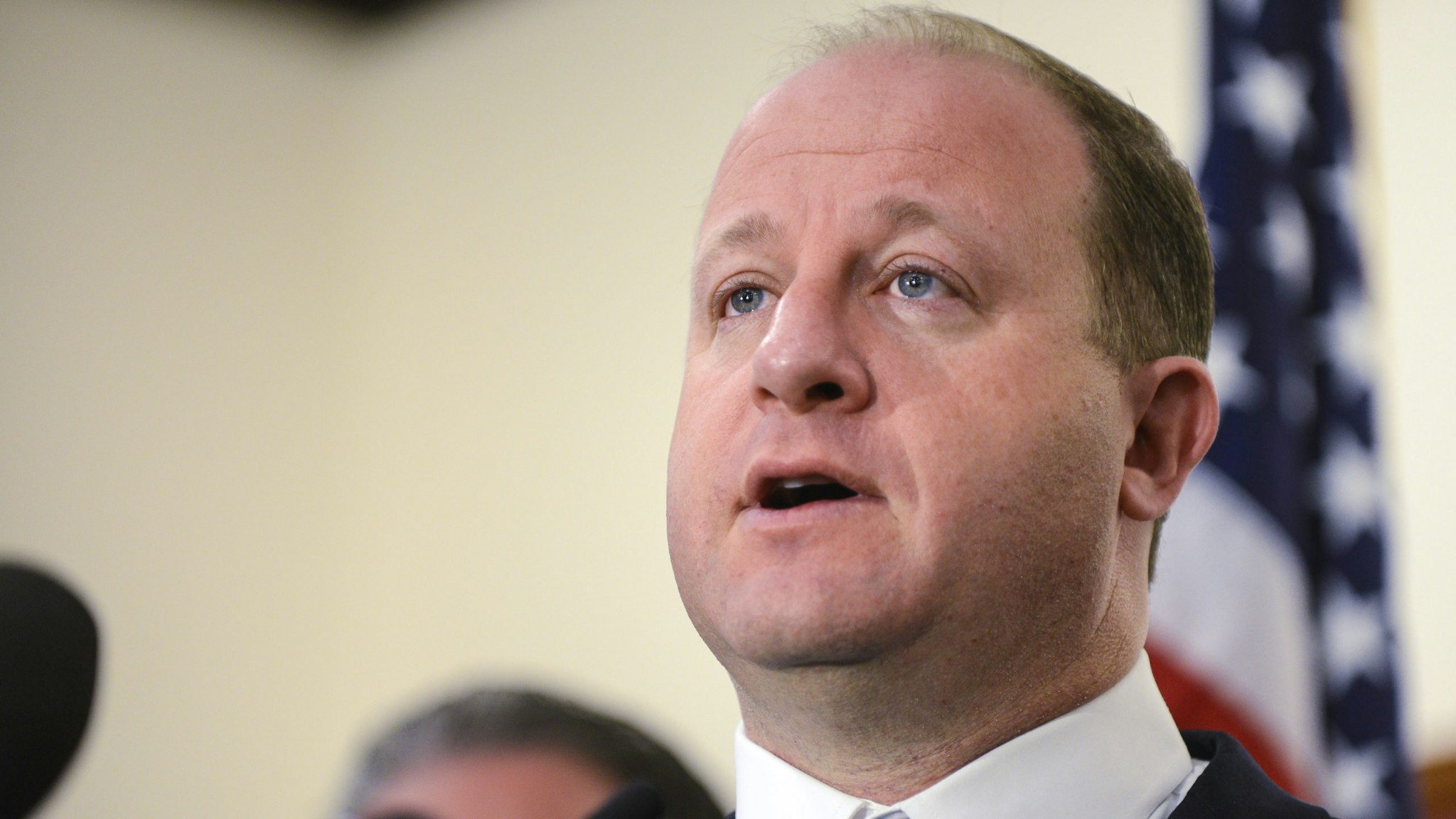 HIGHLANDS RANCH, CO - MAY 08: Colorado governor Jared Polis speaks to the media regarding the shooting at STEM School Highlands Ranch during a press conference at the Douglas County Sheriffs Office Highlands Ranch Substation on May 8, 2019 in Highlands Ranch, Colorado. One student was killed and eight others were injured in the shooting.