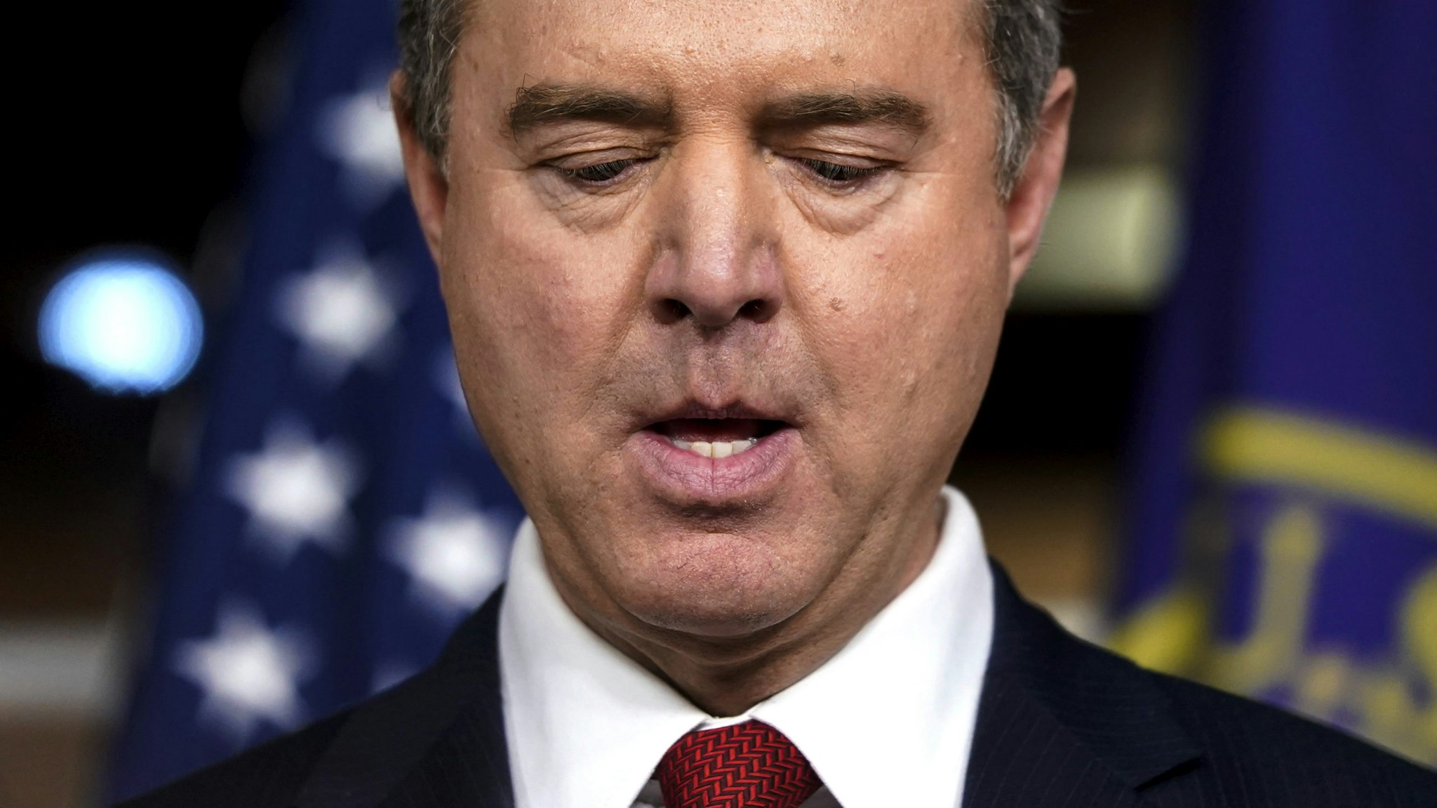 WASHINGTON, DC - JANUARY 28: House impeachment manager Rep. Adam Schiff (D-CA) pauses during press conference after the Senate adjourned for the day during the Senate impeachment trial at the U.S. Capitol on January 28, 2020 in Washington, DC. President Donald Trump's legal defense team concluded their arguments today and will begin answering written questions from Senators on Wednesday.