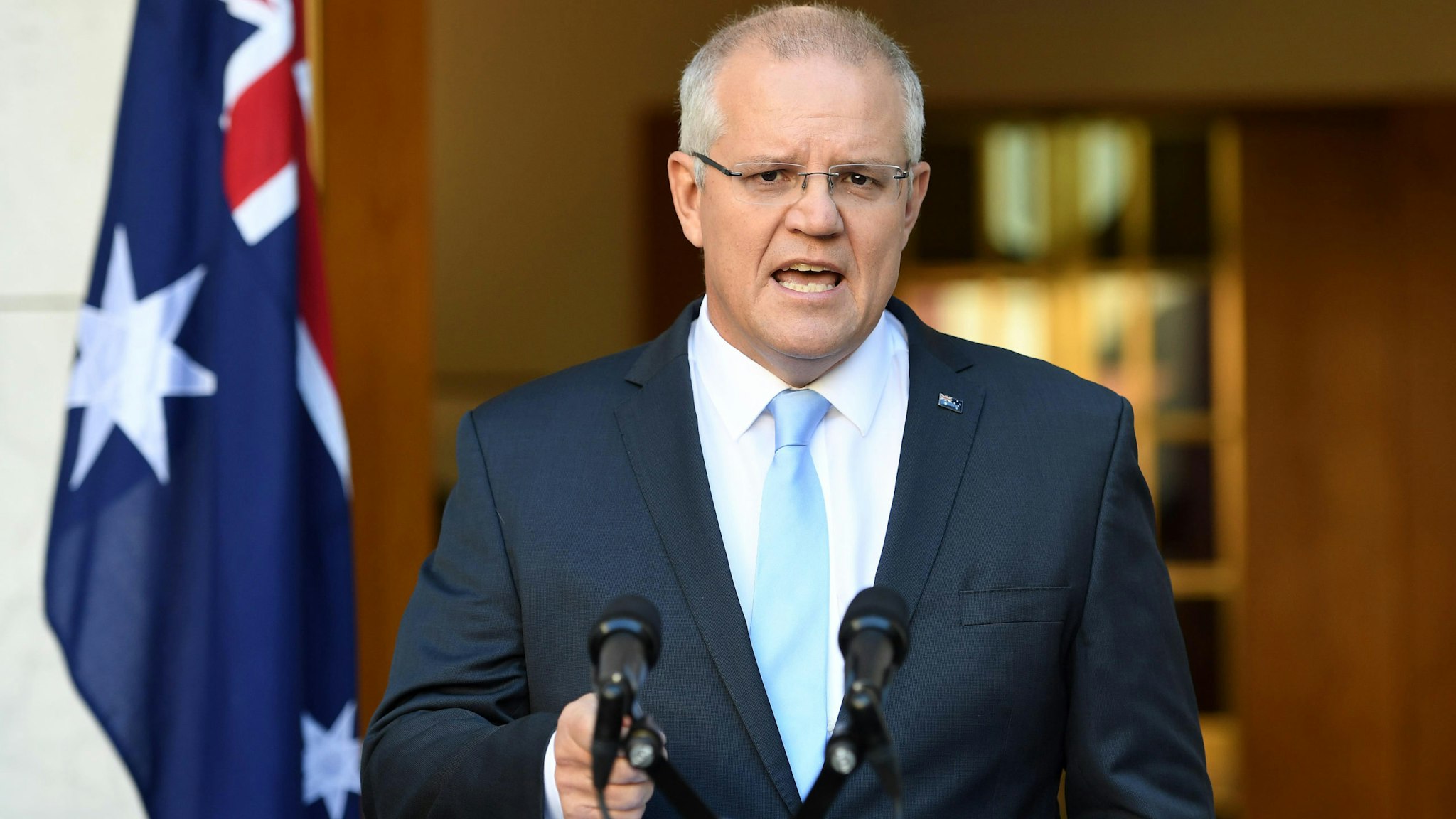 CANBERRA, AUSTRALIA - APRIL 11: Australian Prime Minister Scott Morrison talks to the media at a press conference announcing an election date at Parliament House on April 11, 2019 in Canberra, Australia. Scott Morrison visited the Governor General today to ask for an election on 18 May. All 151 House of Representatives seats will be up for election.