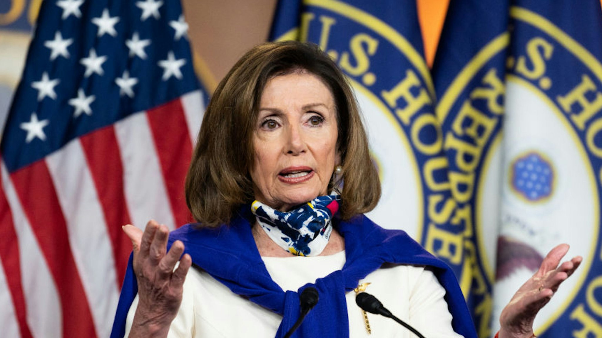 WASHINGTON, UNITED STATES - MAY 21, 2020: House Speaker, Nancy Pelosi (D-CA) speaking during a press event on the anniversary of House passage of the 19th amendment and the vote-by-mail and election security provisions included in The Heroes Act.