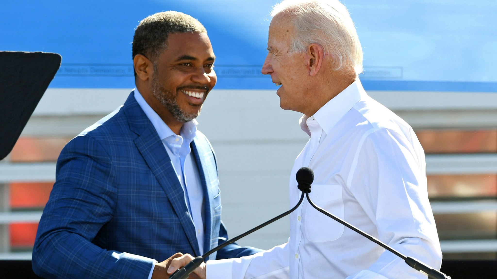 LAS VEGAS, NEVADA - OCTOBER 20: Democratic candidate for Nevada's 4th House District Steven Horsford (L) is greeted by former U.S. Vice President Joe Biden during a rally at the Culinary Workers Union Hall Local 226 as Biden campaigns for Nevada Democratic candidates on October 20, 2018 in Las Vegas, Nevada. Early voting for the midterm elections in Nevada begins today.