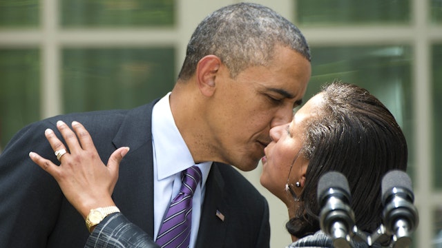 Newly appointed National Security Advisor Susan Rice (R) embraces US President Barack Obama after he made the announcement during an event in the Rose Garden at the White House in Washington, DC, June 5, 2013. Obama formally announced that Rice, currently ambassador to the UN, would take over from Tom Donilon in July, in an appointment which defies Republican claims that she misled Americans over the attack on the US mission in Benghazi.