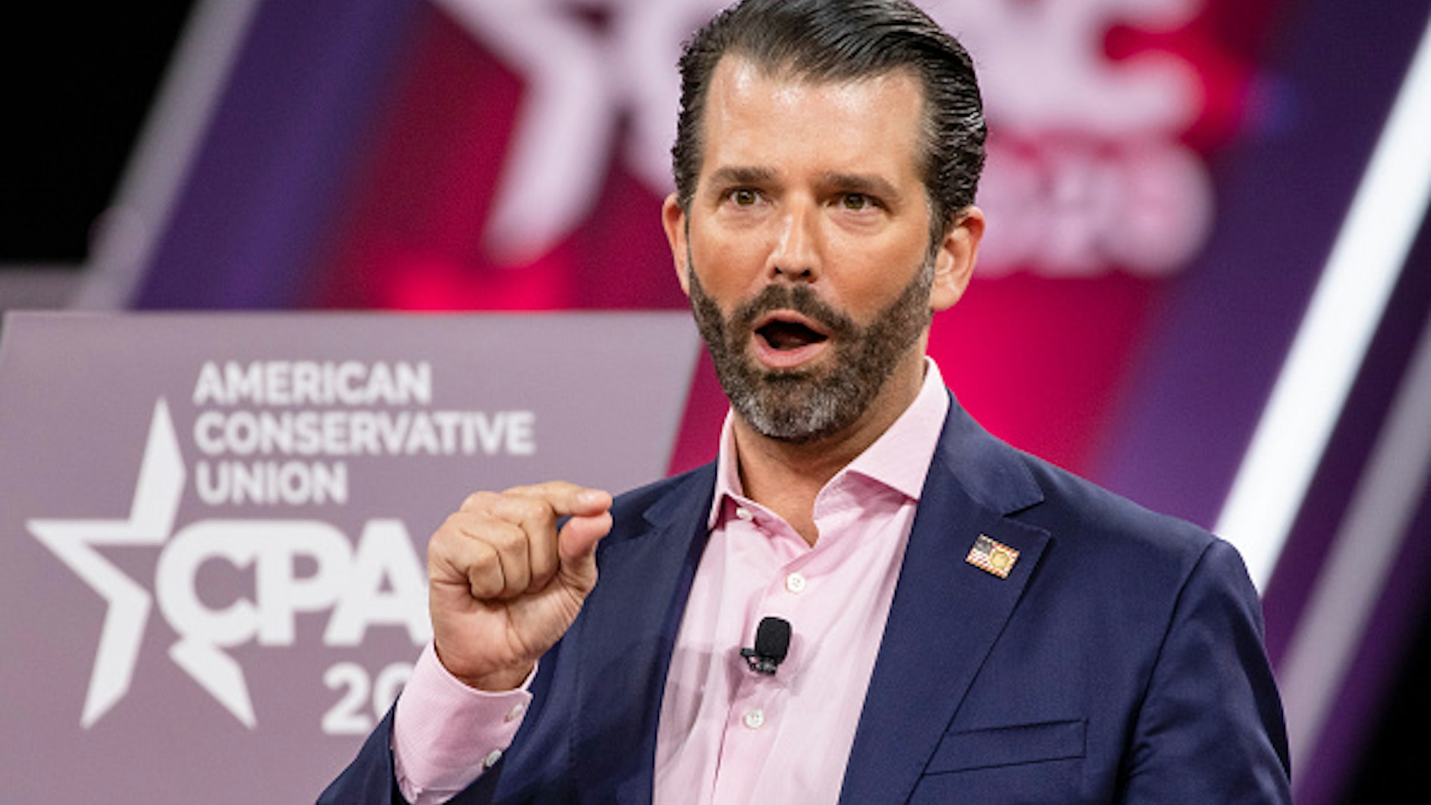 NATIONAL HARBOR, MD - FEBRUARY 28: Donald Trump Jr., son of President Donald Trump, speaks on stage during the Conservative Political Action Conference 2020 (CPAC) hosted by the American Conservative Union on February 28, 2020 in National Harbor, MD.