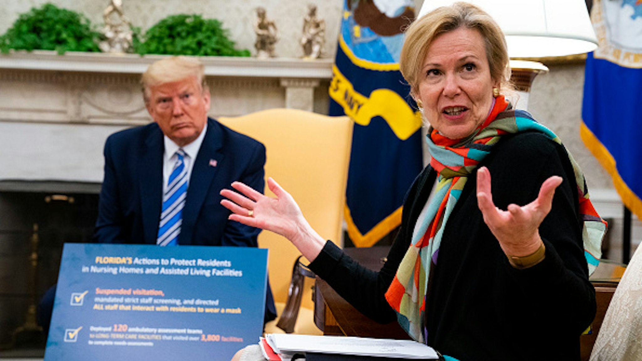 WASHINGTON, DC - APRIL 28: White House Coronavirus Task Force Coordinator Deborah Birx answers a question while meeting with Florida Gov. Ron DeSantis and U.S. President Donald Trump and in the Oval Office of the White House on April 28, 2020 in Washington, DC. Trump met with DeSantis to discuss ways that Florida is planning to gradually re-open the state in the wake of the COVID-19 pandemic.