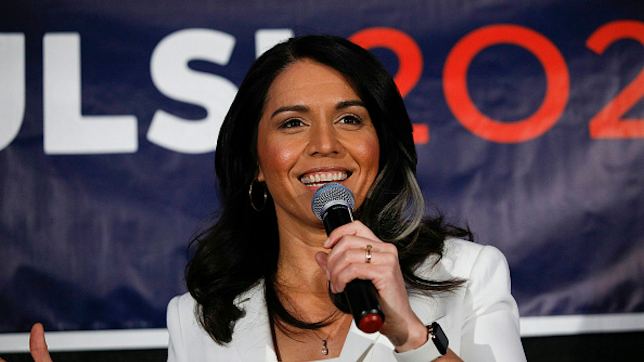 DETROIT, MI - MARCH 03: Democratic presidential candidate U.S. Representative Tulsi Gabbard (D-HI) holds a Town Hall meeting on Super Tuesday Primary night on March 3, 2020 in Detroit, Michigan. Gabbard, the first Samoan American and first Hindu elected to Congress, is one of two women left in the Democratic Primary, the other being Senator Elizabeth Warren.