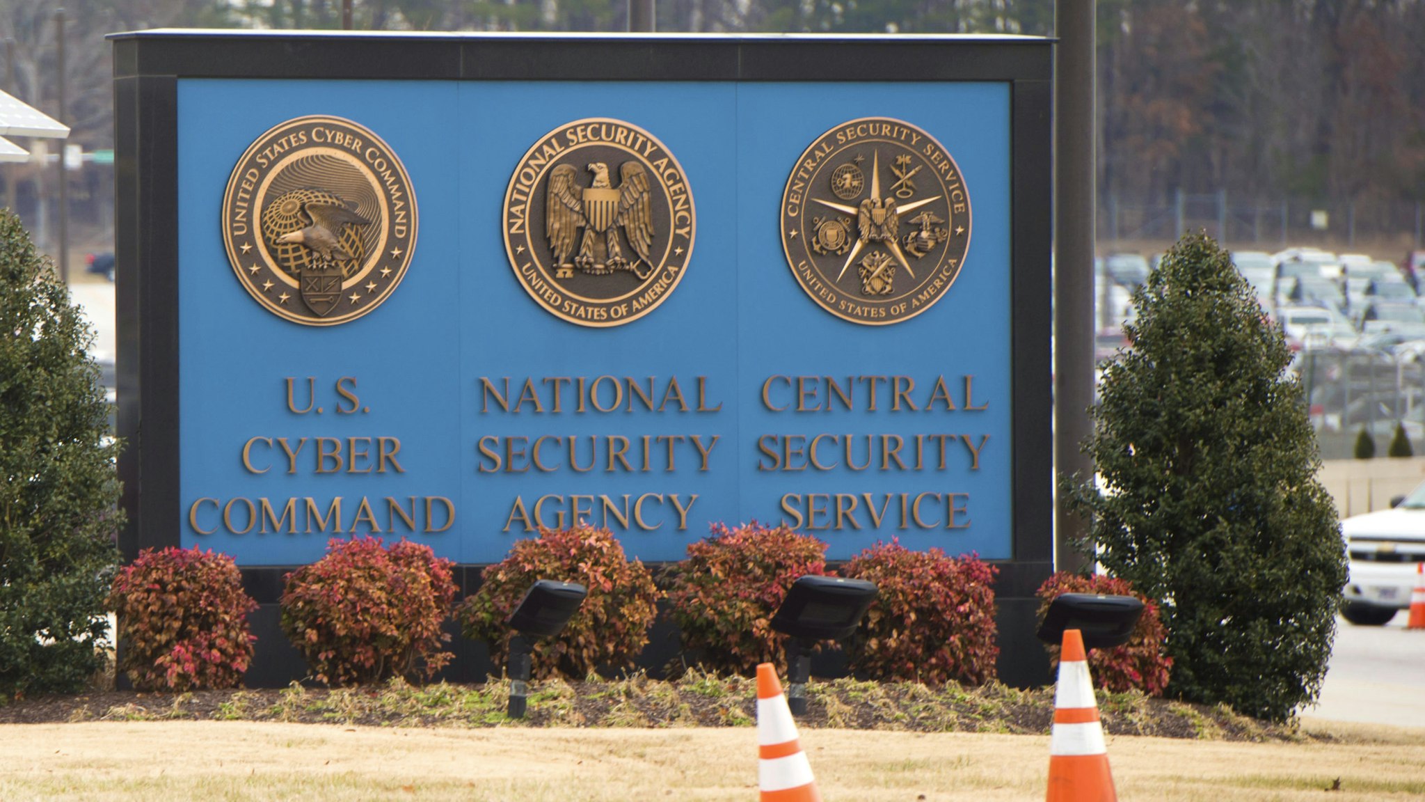 A sign for the National Security Agency (NSA), US Cyber Command and Central Security Service, is seen near the visitor's entrance to the headquarters of the National Security Agency (NSA) after a shooting incident at the entrance in Fort Meade, Maryland, February 14, 2018.