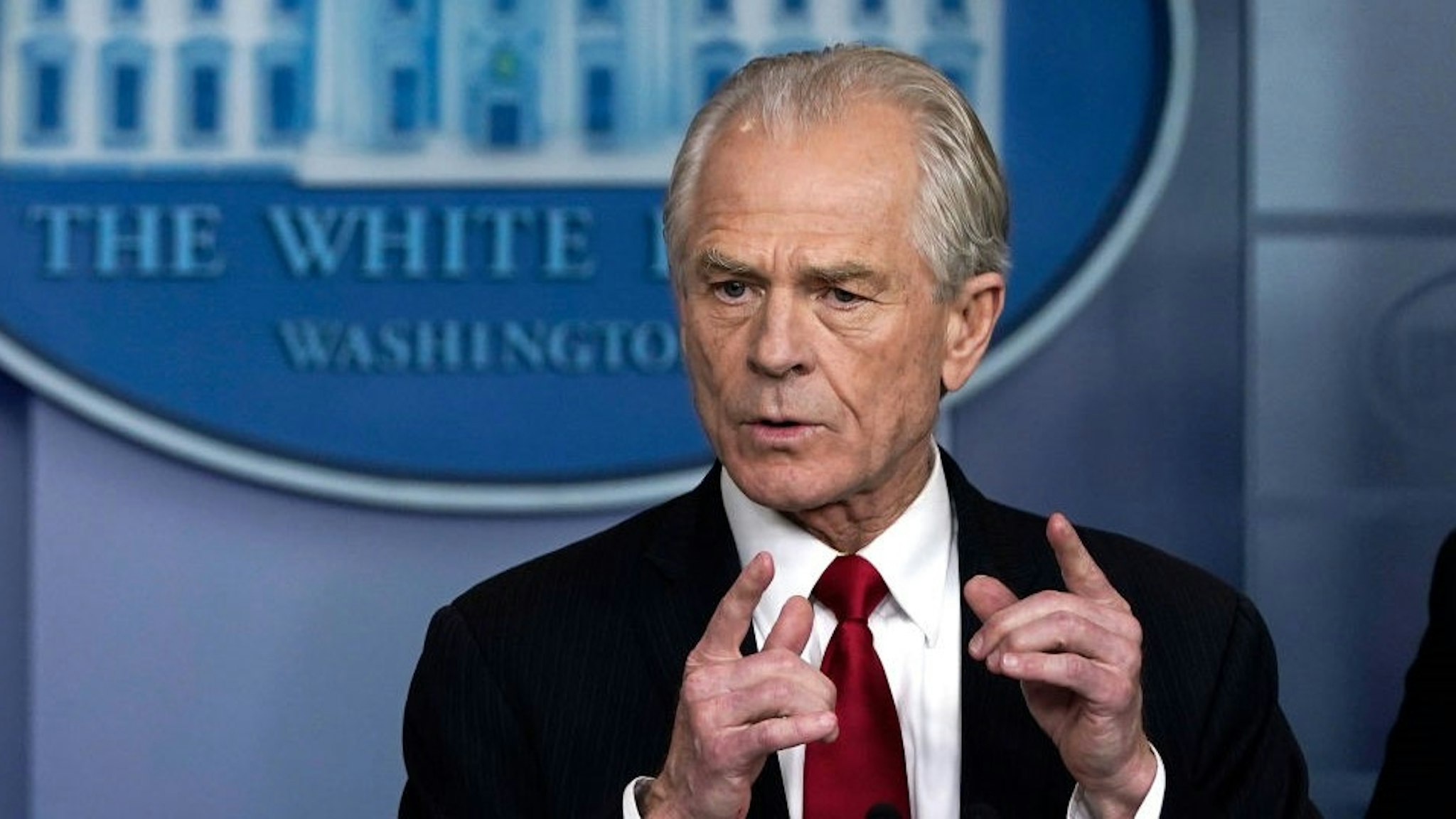 WASHINGTON, DC - MARCH 27: White House Trade and Manufacturing Policy Director Peter Navarro speaks during a briefing on the coronavirus pandemic in the press briefing room of the White House on March 27, 2020 in Washington, DC. President Trump signed the H.R. 748, the CARES Act on Friday afternoon. Earlier in the day, the U.S. House of Representatives approved the $2 trillion stimulus bill that lawmakers hope will battle the economic effects of the COVID-19 pandemic. (Photo by
