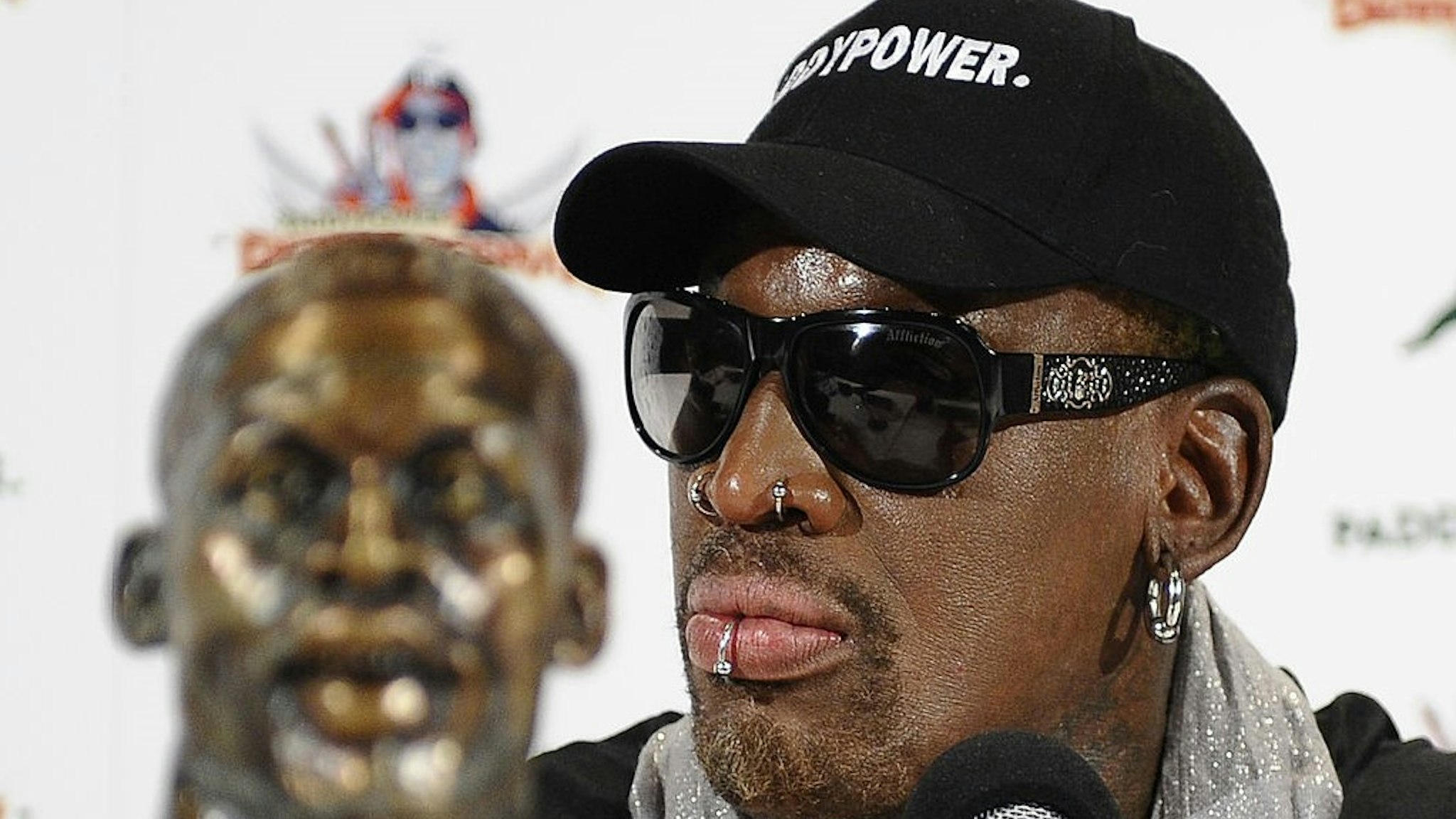 Former-NBA player Dennis Rodman holds a news conference in New York on September 9, 2013 to discuss his recent trip to North Korea. Rodman said that he will put together a "basketball diplomacy" event involving players from North Korea. The event will be sponsored by the Irish online betting company Paddy Power. At the news conference, he called Kim Jong Un, ruler of the repressive state, a "very good guy." AFP PHOTO / TIMOTHY CLARY (Photo credit should read