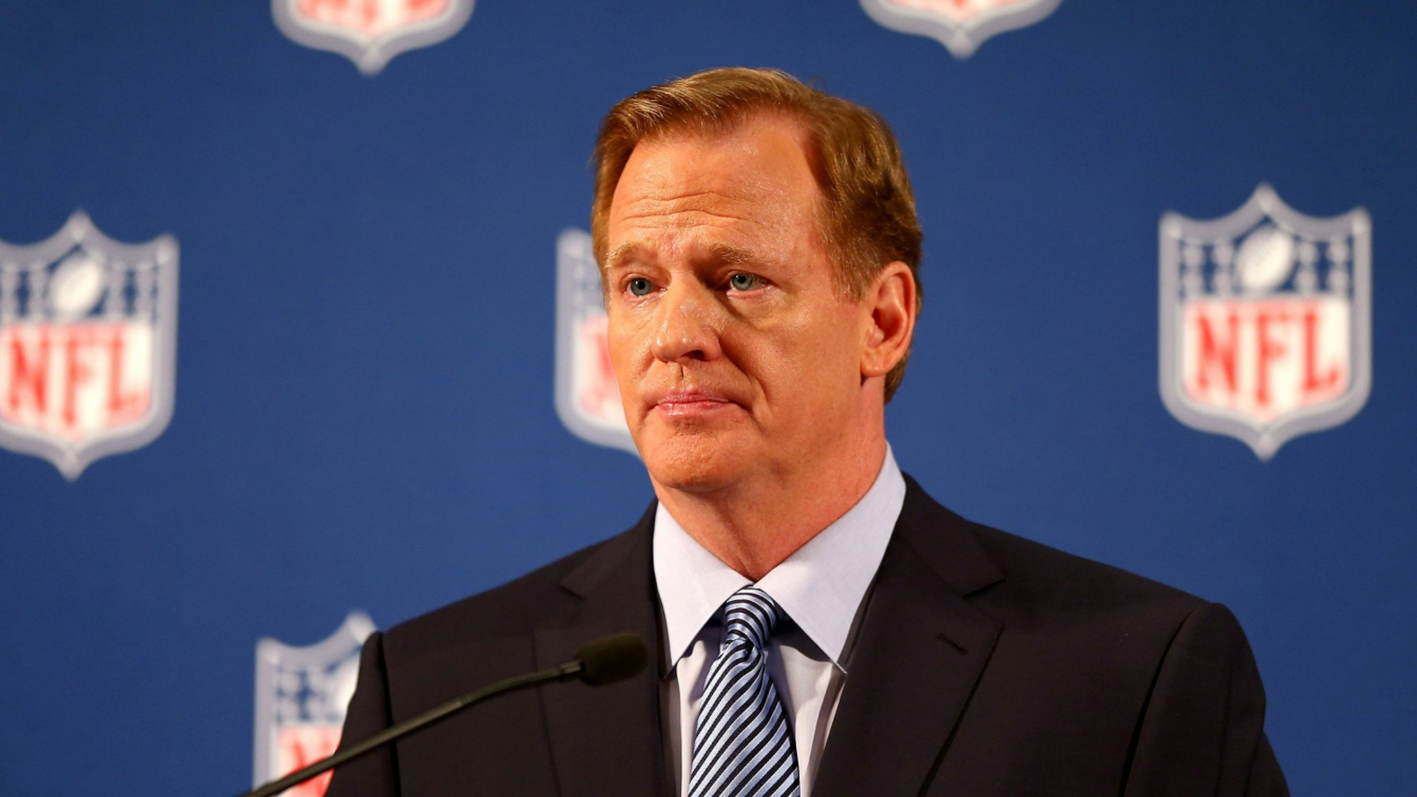 NFL Commissioner Roger Goodell talks during a press conference at the Hilton Hotel on September 19, 2014 in New York City.