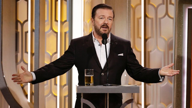 In this handout photo provided by NBCUniversal, Host Ricky Gervais speaks onstage during the 73rd Annual Golden Globe Awards at The Beverly Hilton Hotel on January 10, 2016 in Beverly Hills, California.
