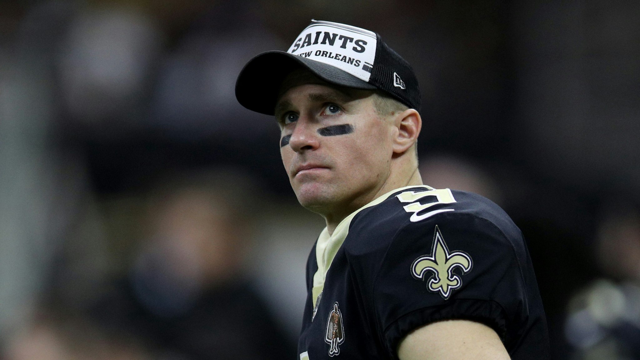 Drew Brees #9 of the New Orleans Saints reacts on the sideline against the San Francisco 49ers in the game at Mercedes Benz Superdome on December 08, 2019 in New Orleans, Louisiana.