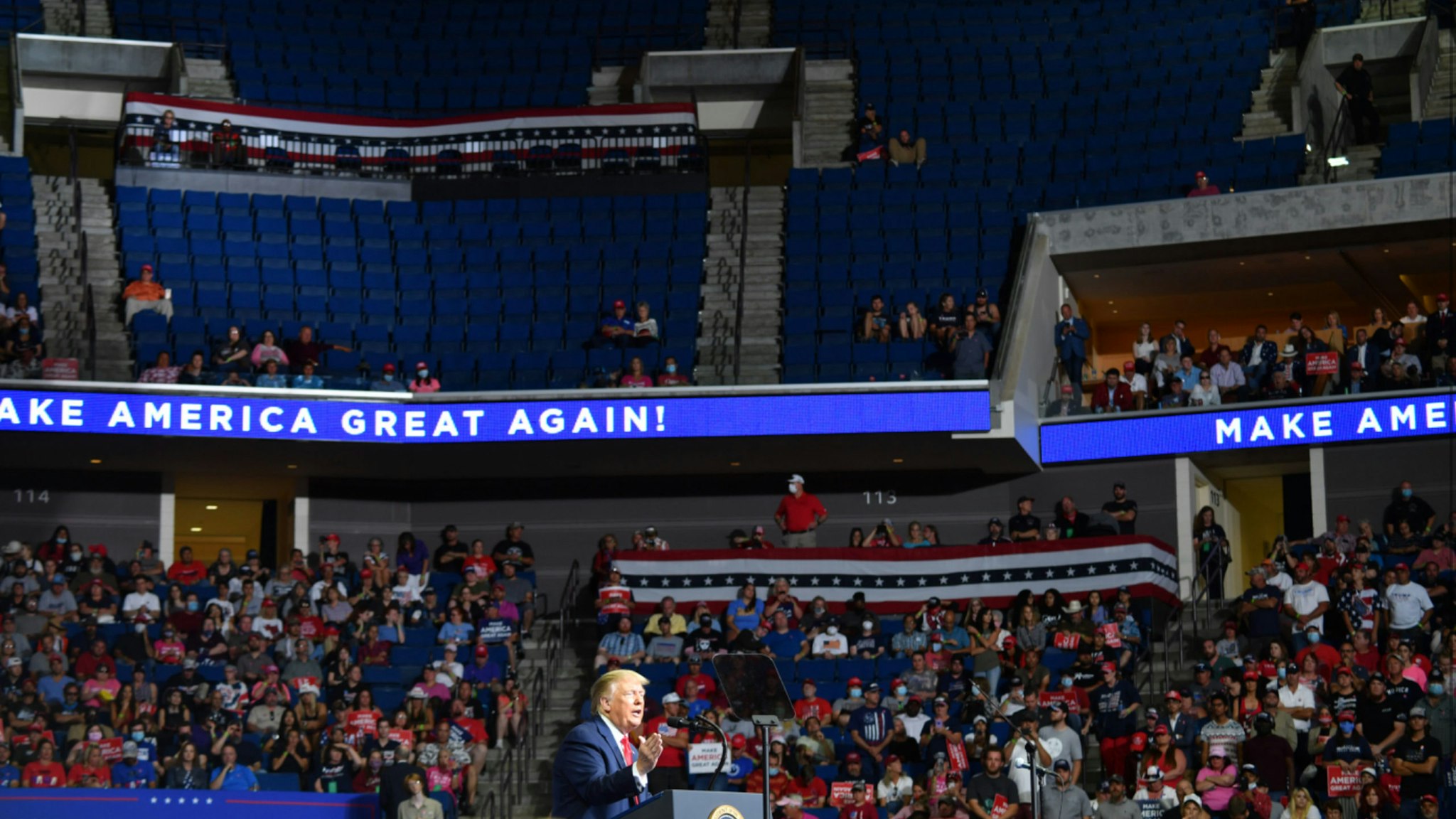 The upper section of the arena is seen partially empty as US President Donald Trump speaks during a campaign rally at the BOK Center on June 20, 2020 in Tulsa, Oklahoma.