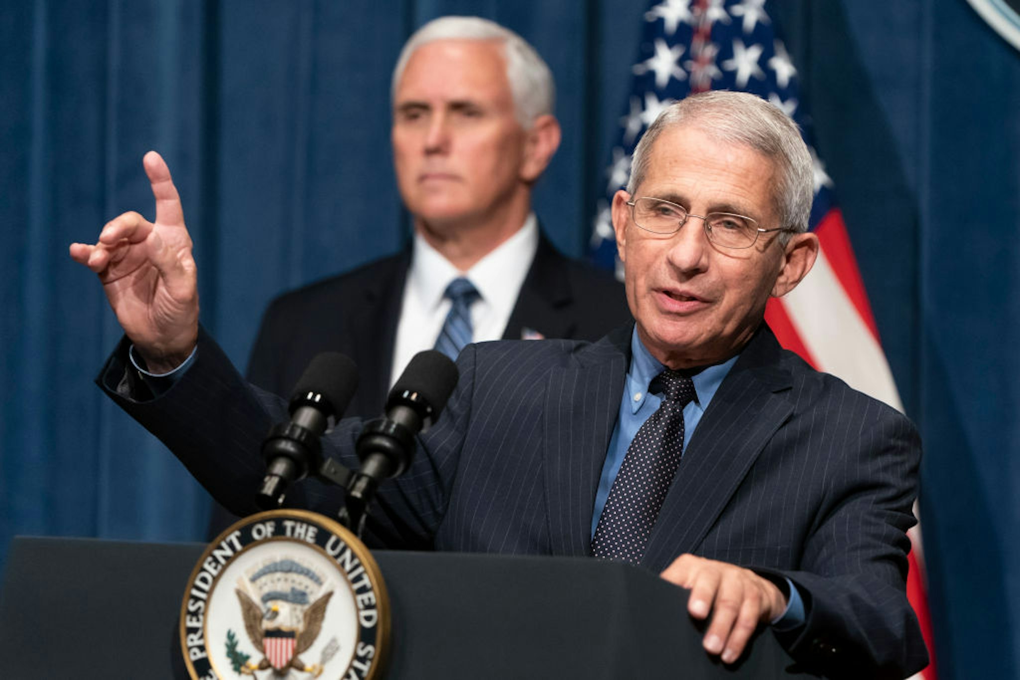 WASHINGTON, DC - JUNE 26: Director of the National Institute of Allergy and Infectious Diseases Anthony Fauci speaks as U.S. Vice President Mike Pence listens after a White House Coronavirus Task Force briefing at the Department of Health and Human Services on June 26, 2020 in Washington, DC. Cases of coronavirus disease (COVID-19) are rising in southern and western states forcing businesses to remain closed. (Photo by Joshua Roberts/Getty Images)