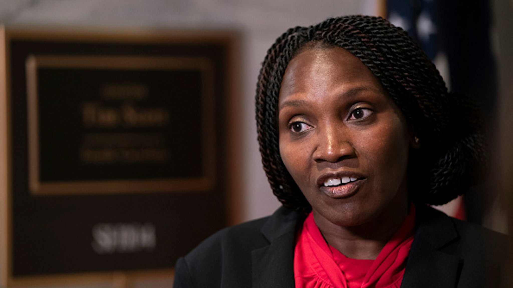 WASHINGTON, DC - JUNE 16: Wanda Cooper-Jones, mother of Ahmaud Arbery, speaks to reporters outside of Sen. Tim Scott's (R-SC) office in the Hart Senate Office Building on June 16, 2020 in Washington, DC. Cooper-Jones, along with other family members who've had loved ones die in encounters with police, met with President Trump earlier in the day on Tuesday and later met with Sen. Scott about police brutality and desired reforms.