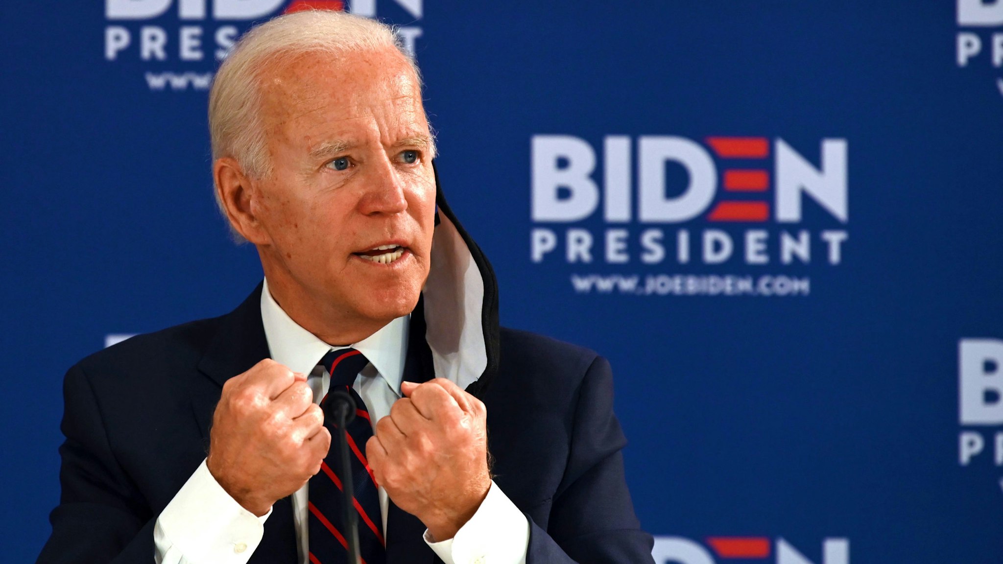 Democratic presidential candidate Joe Biden holds a roundtable meeting on reopening the economy with community leaders at the Enterprise Center in Philadelphia, Pennsylvania, on June 11, 2020.