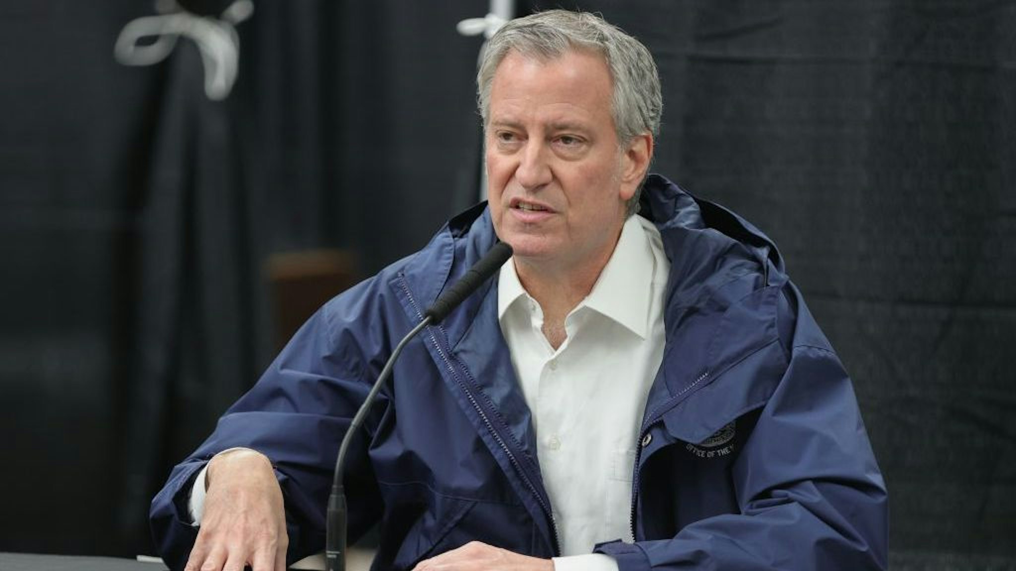 Mayor Bill de Blasio greets healthcare workers and conducts a press conference at the USTA Billie Jean King National Tennis Center, New York, April 10, 2020. The Tennis Center was transformed into a temporary hospital to treat patients with the COVID-19 coronavirus. (Photo by EuropaNewswire/Gado/Getty Images)