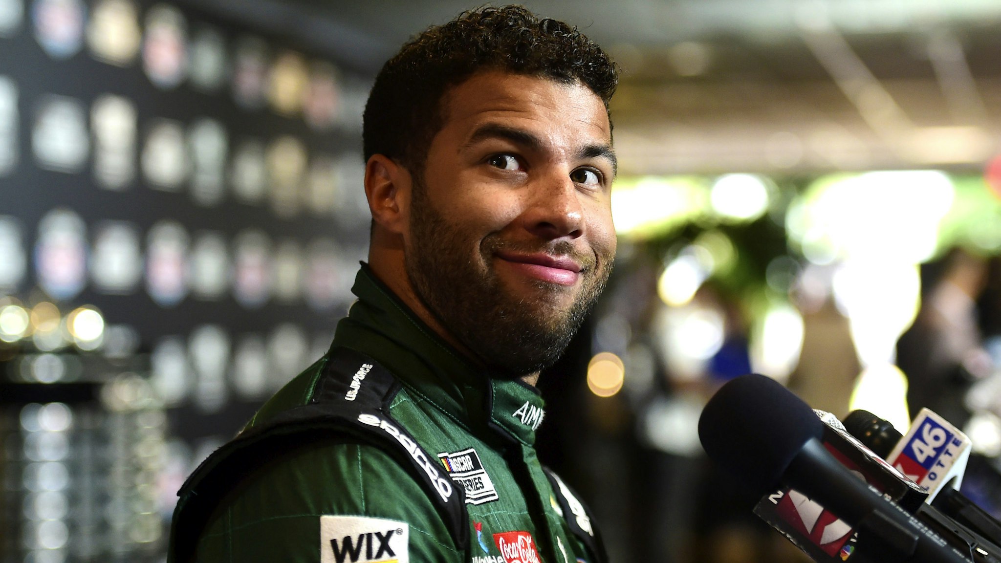 DAYTONA BEACH, FLORIDA - FEBRUARY 12: Bubba Wallace, driver of the #43 United States Air Force Chevrolet, speaks with the media during the NASCAR Cup Series 62nd Annual Daytona 500 Media Day at Daytona International Speedway on February 12, 2020 in Daytona Beach, Florida.