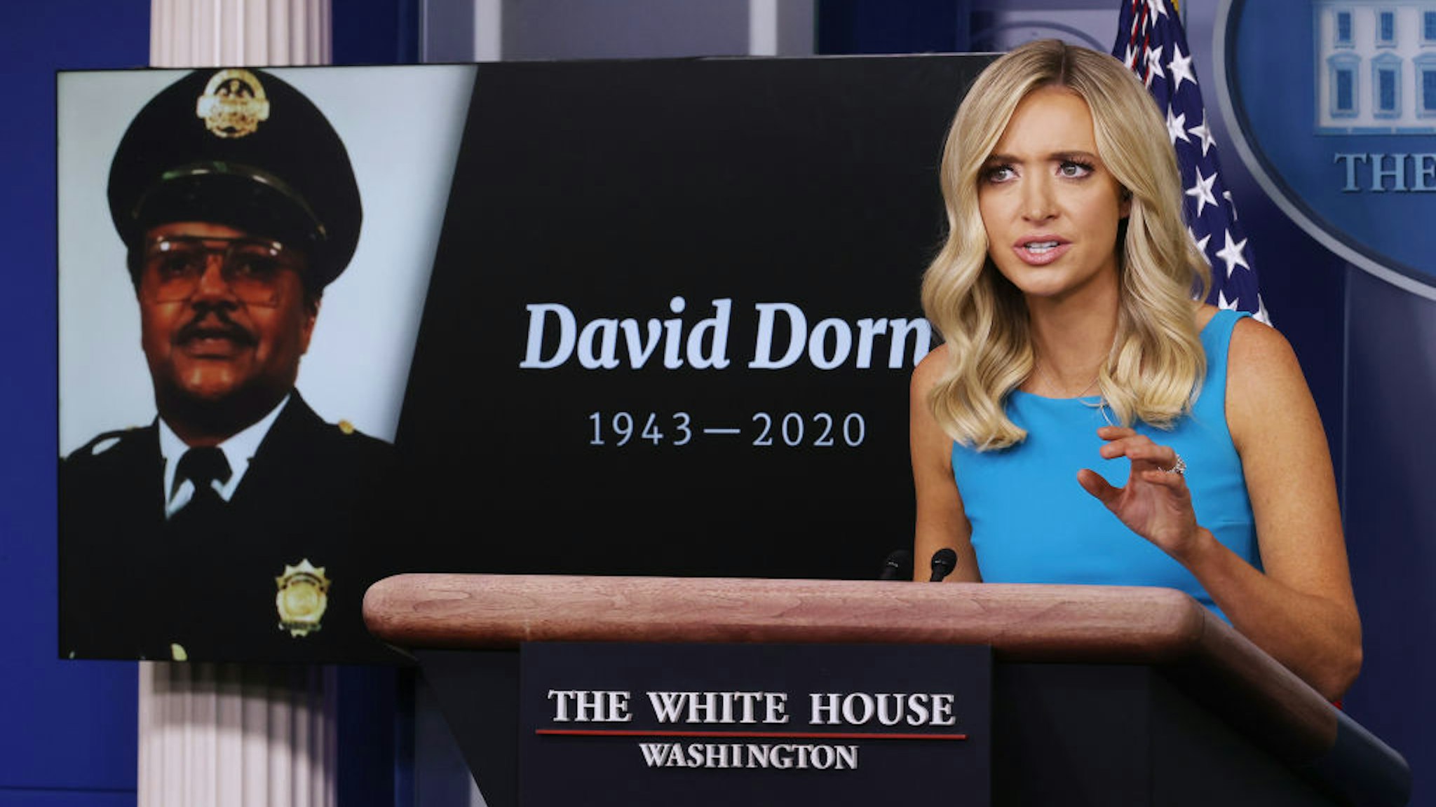 White House Press Secretary Kayleigh McEnany notes the deaths of several police officers during a news conference, including retired St. Louis Police Captain David Dorn, in the Brady Press Briefing Room at the White House June 03, 2020 in Washington, DC. Earlier in the day, Defense Secretary Mark Esper broke with President Donald Trump and said that he does not support using active duty military troops on the streets of American cities to quell protests over the death of George Floyd, who was killed while in the custody of Minneapolis police on Memorial Day. (Photo by Chip Somodevilla/Getty Images)