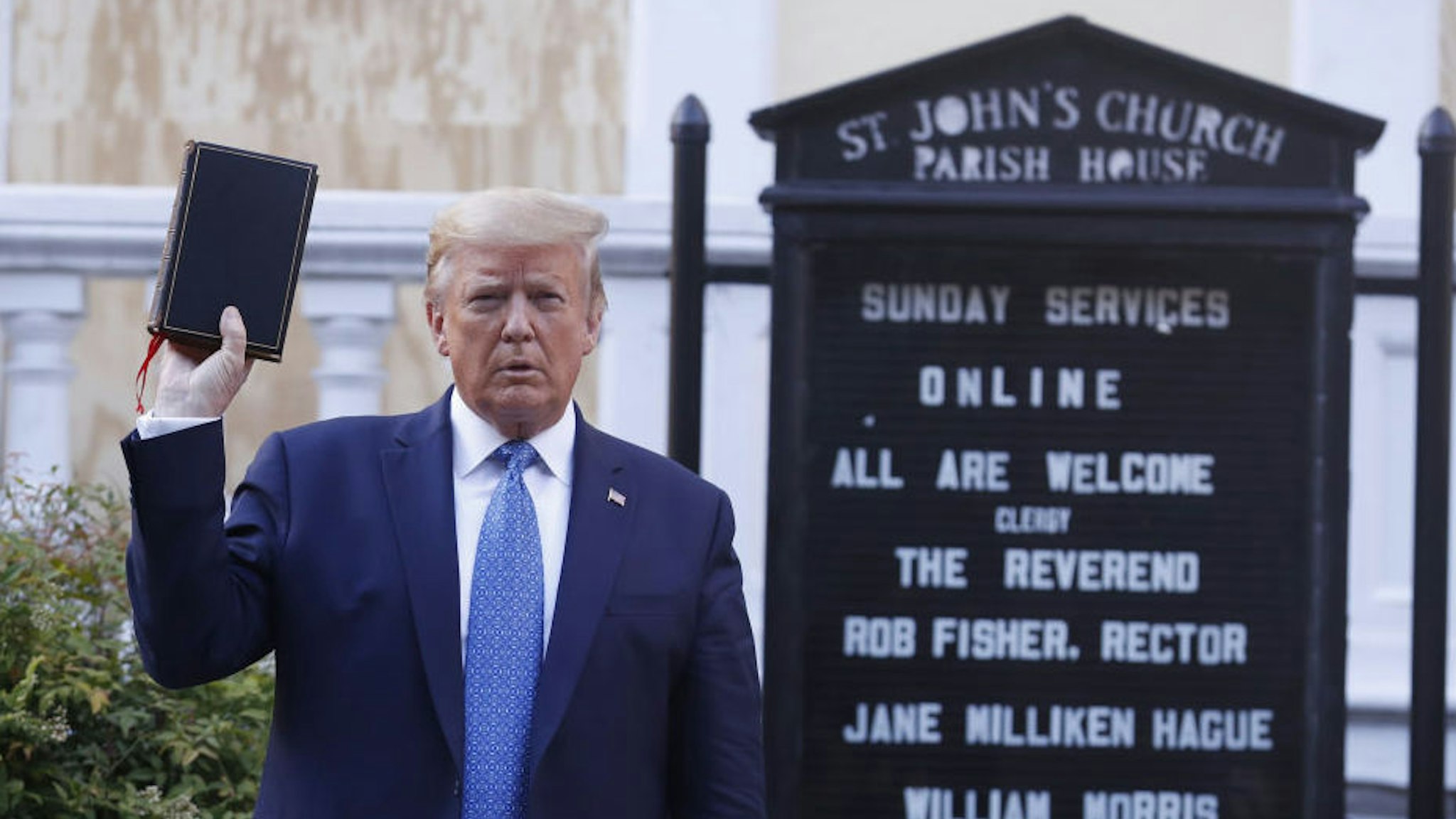 U.S. President Donald Trump poses with a bible outside St. John's Episcopal Church after a news conference in the Rose Garden of the White House in Washington, D.C., U.S., on Monday, June 1, 2020. Trump promised a forceful response to violent protests across the country before leaving the White House to visit a church across the street that had been been damaged by fires. Photographer: Shawn Thew/EPA/Bloomberg
