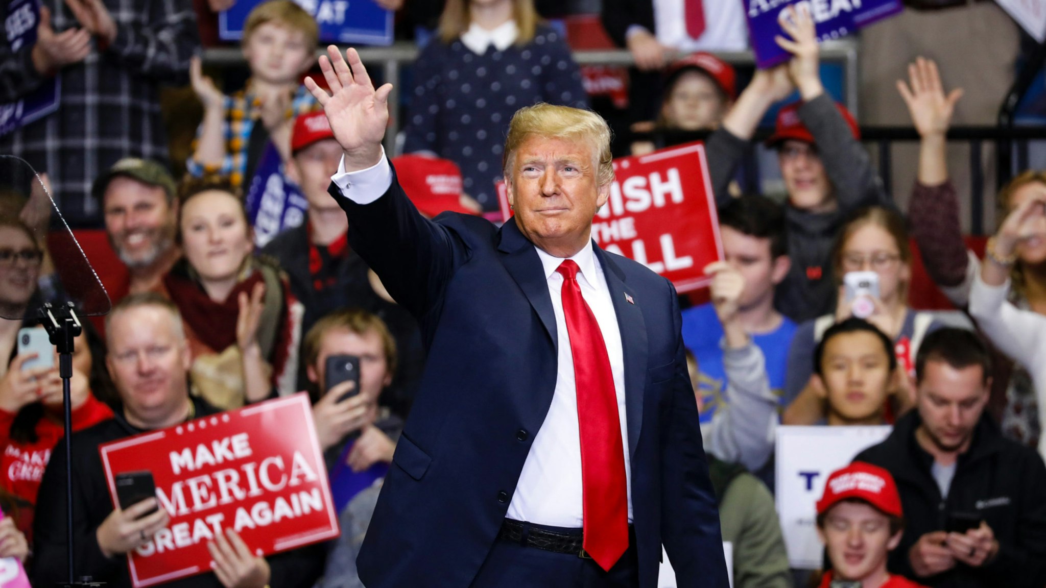 President Donald Trump arrives at a campaign rally for Republican Senate candidate Mike Braun at the County War Memorial Coliseum November 5, 2018 in Fort Wayne, Indiana.