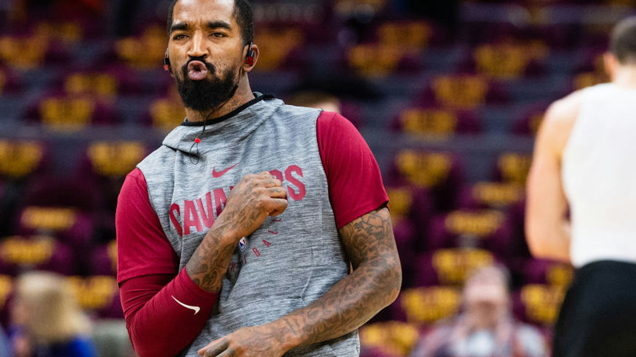 JR Smith #5 of the Cleveland Cavaliers reacts after narrowly missing a half court shot during warms ups prior to the game against the Atlanta Hawks at Quicken Loans Arena on October 21, 2018 in Cleveland, Ohio.