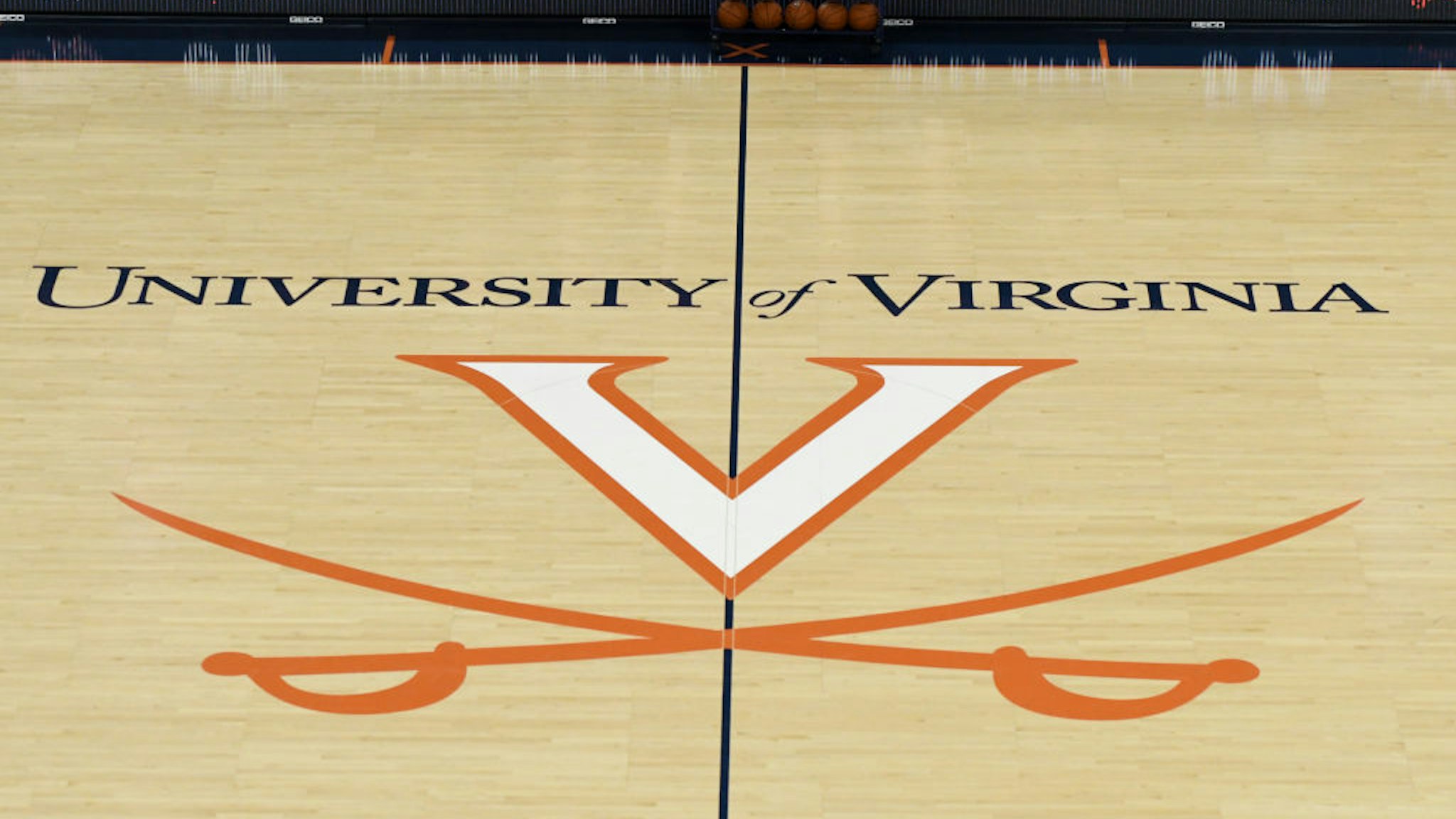 The Virginia Cavaliers logo on the floor before a college basketball game against the George Washington Colonials at the John Paul Jones Arena on November 11, 2018 in Charlottesville, Virginia.