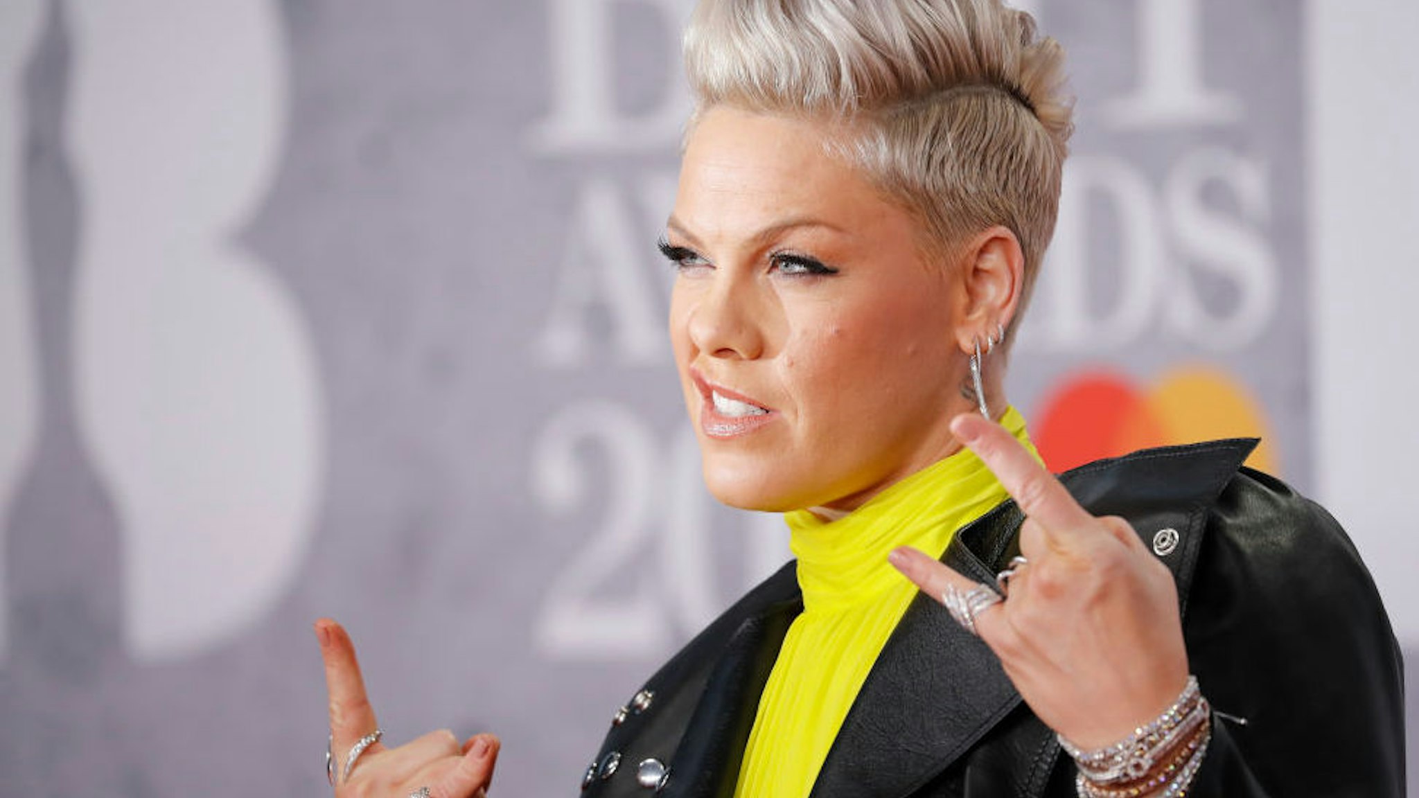 US singer-songwriter Pink poses on the red carpet on arrival for the BRIT Awards 2019 in London on February 20, 2019.