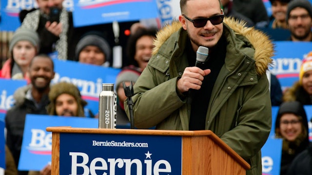 Activist and journalist Shaun King takes the stage to stump for Sen. Bernie Sanders (I-VT) during the 2020 campaign kick-off at Brooklyn College in Brooklyn, NY on March 2, 2019.