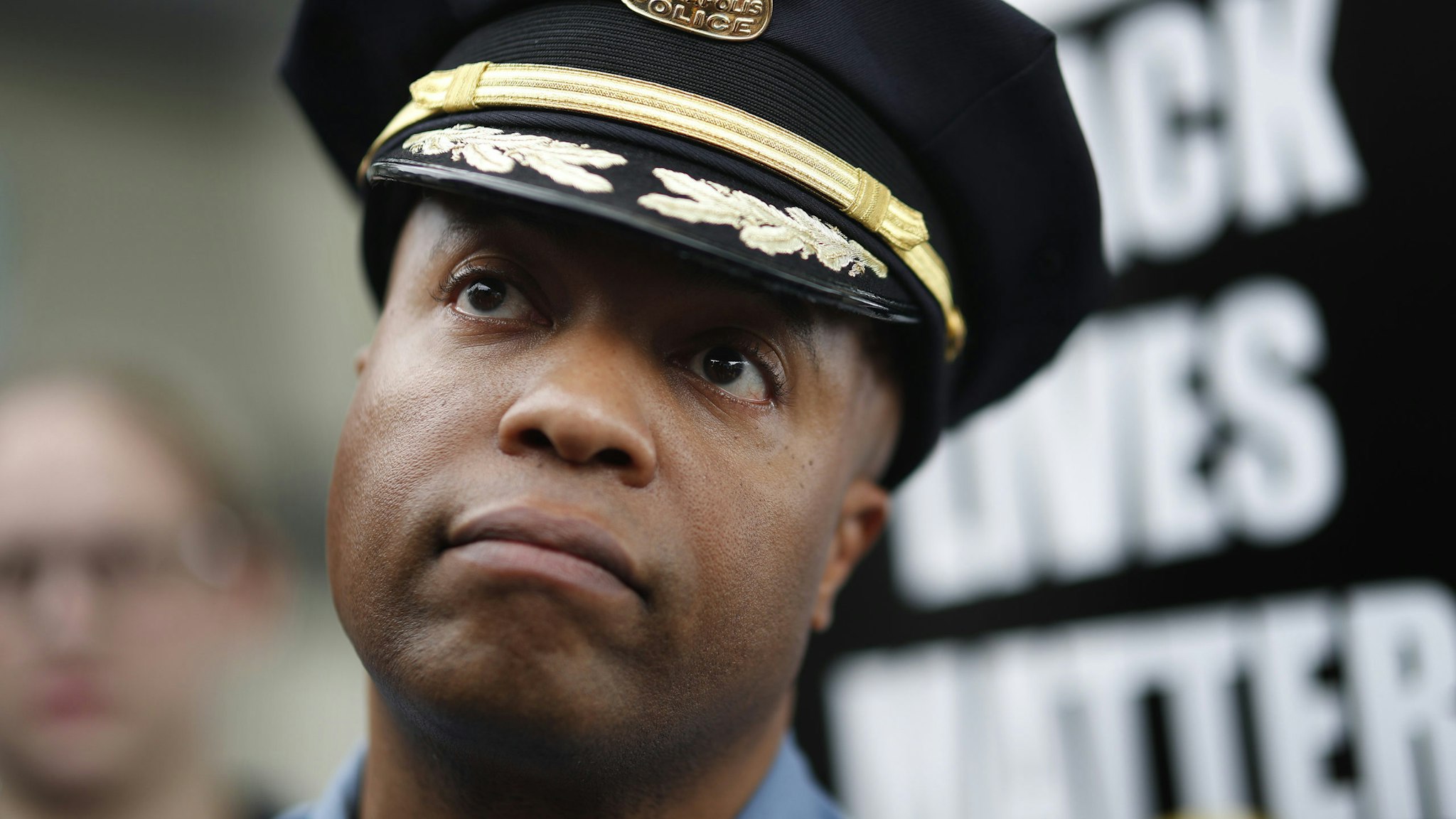 Minneapolis Police Chief Medaria Arradondo left, listened as north side community members held a protest and rally at the 4th precinct on Plymouth avenue in response to the shooting death of Thurman Blevins by Minneapolis Police Sunday June 24, 2018 in Minneapolis , MN. ] JERRY HOLT ‚Ä¢ jerry.holt@startribune.com(Photo By Jerry Holt/Star Tribune via Getty Images)