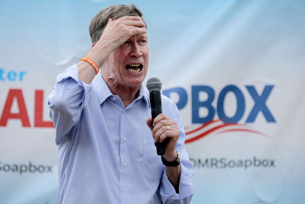Democratic presidential candidate and former Colorado Governor John Hickenlooper delivers a 20-minute campaign speech at the Des Moines Register Political Soapbox at the Iowa State Fair August 10, 2019 in Des Moines, Iowa.