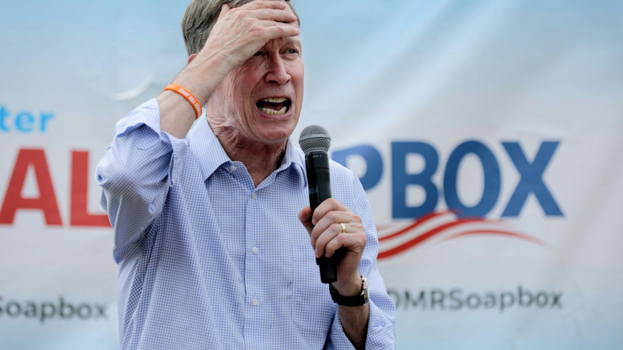Democratic presidential candidate and former Colorado Governor John Hickenlooper delivers a 20-minute campaign speech at the Des Moines Register Political Soapbox at the Iowa State Fair August 10, 2019 in Des Moines, Iowa.