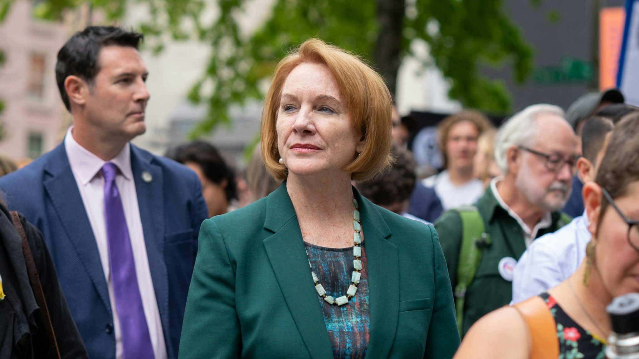 Jenny Durkan, mayor or Seattle, walks through the crowd at City Hall during the Global Climate Strike in Seattle, Washington, U.S., on Friday, Sept. 20, 2019. Thousands of workers at Microsoft Corp. and Amazon.com Inc. walked out without their bosses blessings to protest rising global temperatures. Photographer: Chloe Collyer/Bloomberg via Getty Images