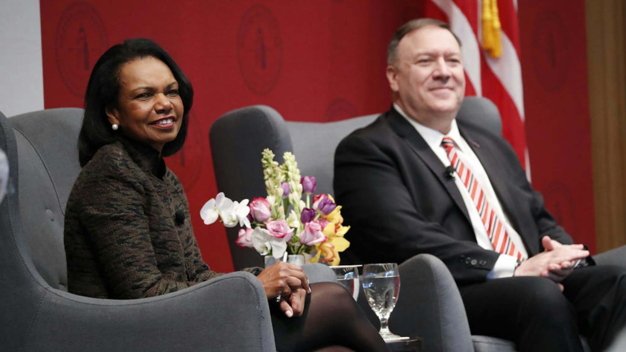 Condoleezza Rice, former U.S. secretary of state, and Mike Pompeo, U.S. secretary of state, right, listen during an event hosted by the Hoover Institution at Stanford University in Stanford, California, U.S., on Monday, Jan. 13, 2020.