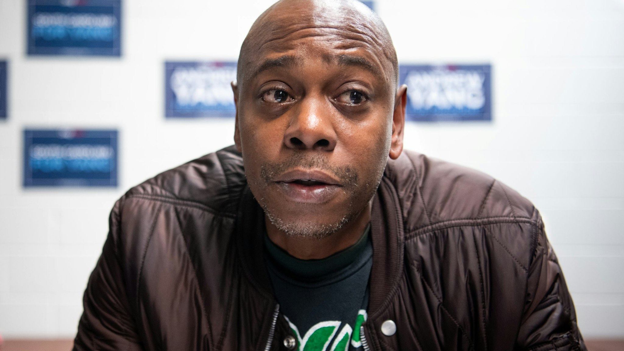 HARLESTON, SC - JANUARY 30: Comedian Dave Chappelle talks with the media while campaigning for Democratic presidential candidate Andrew Yang on January 30, 2020 in North Charleston, South Carolina. The comedian has endorsed the candidate and performs the second of two South Carolina campaign benefit shows Thursday evening in Charleston. (Photo by Sean Rayford/Getty Images)