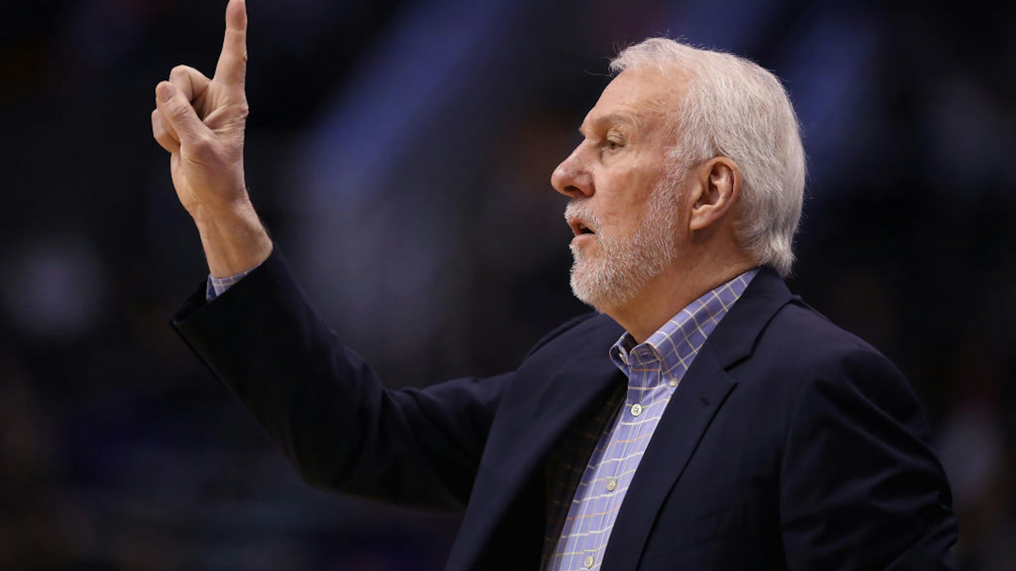 Head coach Gregg Popovich of the San Antonio Spurs calls a play during the first half of the NBA game against the Phoenix Suns at Talking Stick Resort Arena on January 20, 2020 in Phoenix, Arizona.