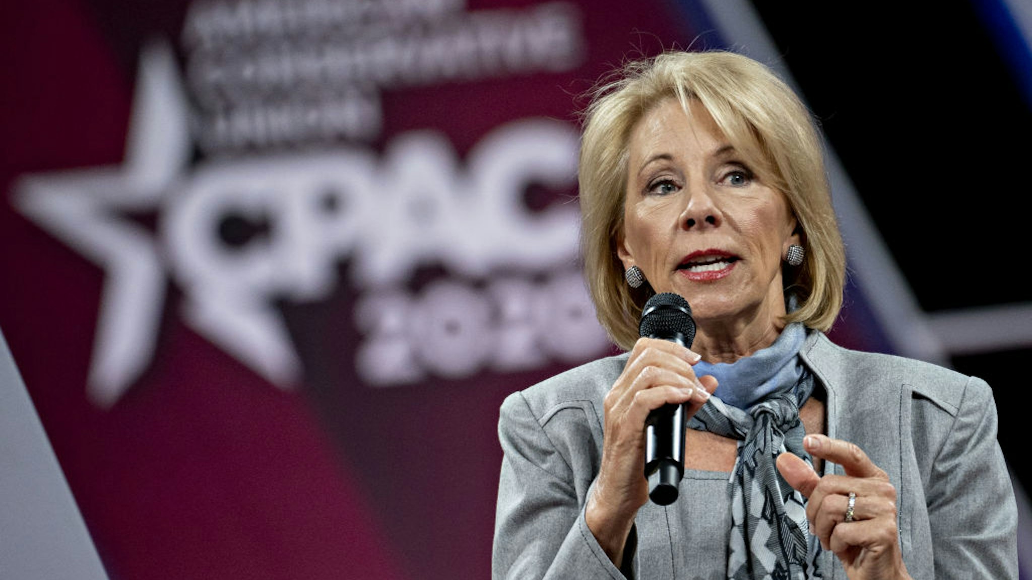 Betsy DeVos, U.S. secretary of education, speaks during a discussion at the Conservative Political Action Conference (CPAC) in National Harbor, Maryland, U.S., on Thursday, Feb. 27, 2020.