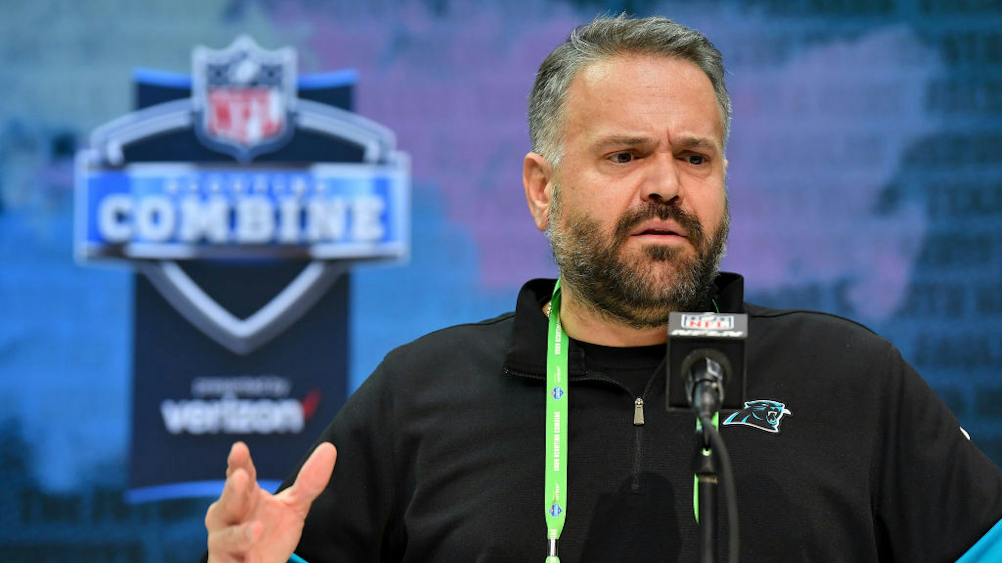 Head coach Matt Rhule of the Carolina Panthers interviews during the first day of the NFL Scouting Combine at Lucas Oil Stadium on February 25, 2020 in Indianapolis, Indiana.