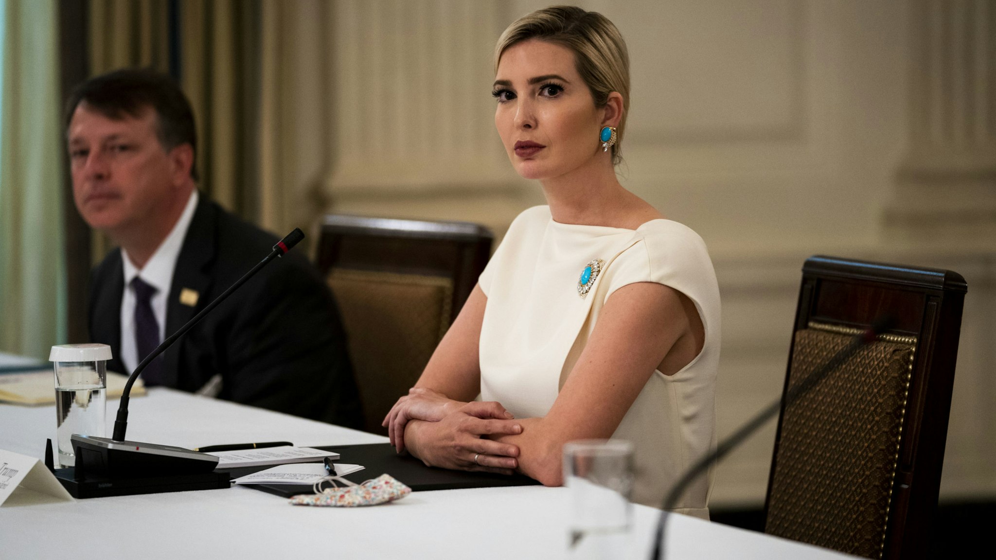 Ivanka Trump, assistant to U.S. President Donald Trump, listens during a meeting with restaurant executives in the State Dining Room of the White House in Washington, D.C., U.S., on Monday, May 18, 2020. Trump said he is currently taking hydroxychloroquine, the anti-malaria drug he has promoted as a treatment to combat coronavirus infection. Photographer: Doug Mills/The New York Times/Bloomberg via Getty Images