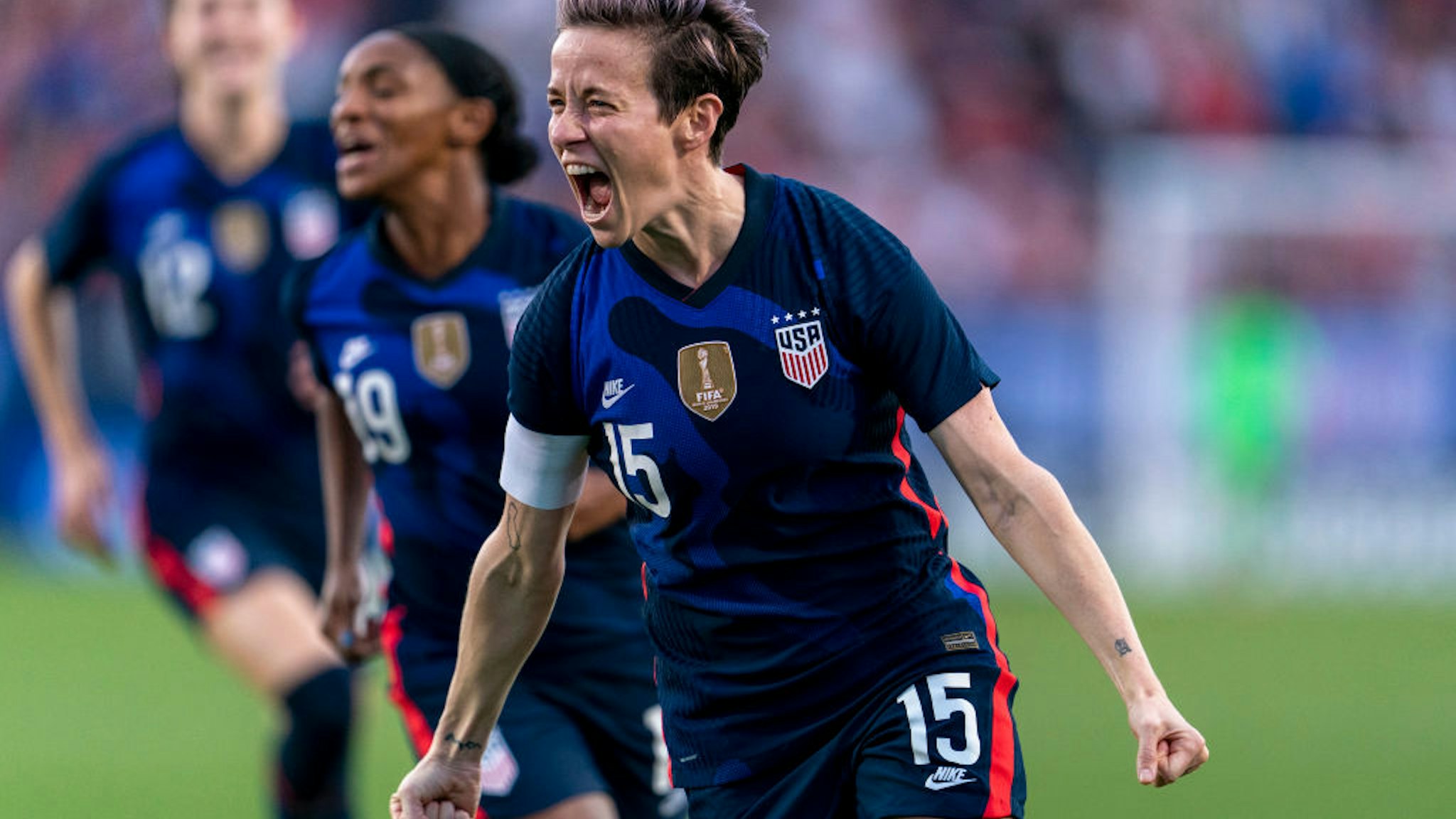 Megan Rapinoe #15 of the United States celebrates during a game between Japan and USWNT at Toyota Stadium on March 11, 2020 in Frisco, Texas.