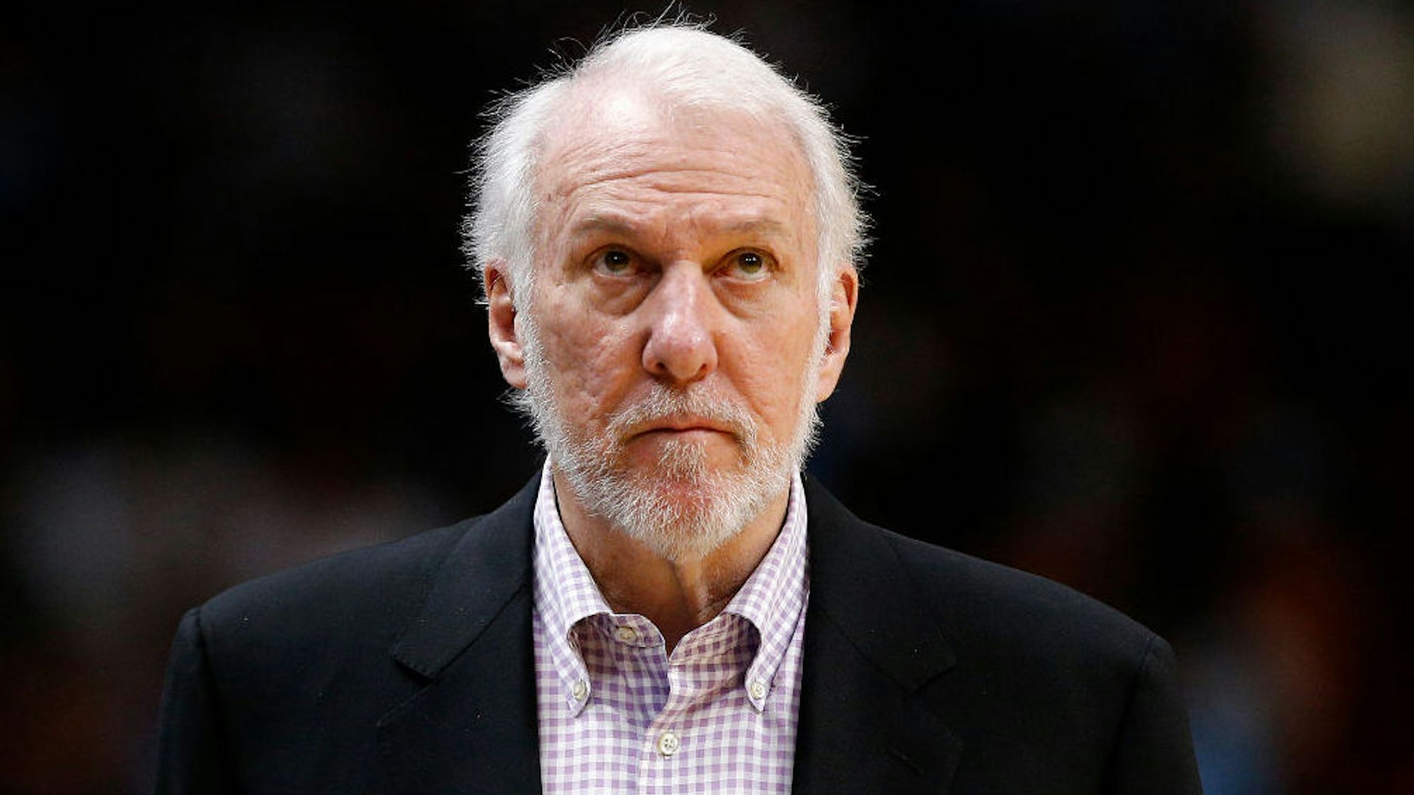 Head coach Gregg Popovich of the San Antonio Spurs looks on against the Miami Heat during the second half at American Airlines Arena on January 15, 2020 in Miami, Florida.