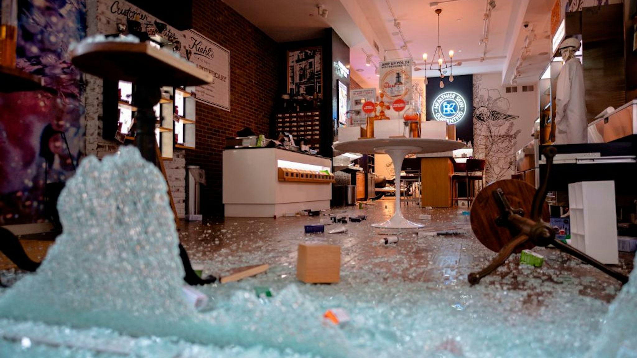 A looted and destroyed shop is seen after a night of protest over the death of African-American man George Floyd in Minneapolis on June 1, 2020 in Lower Manhattan in New York City. -