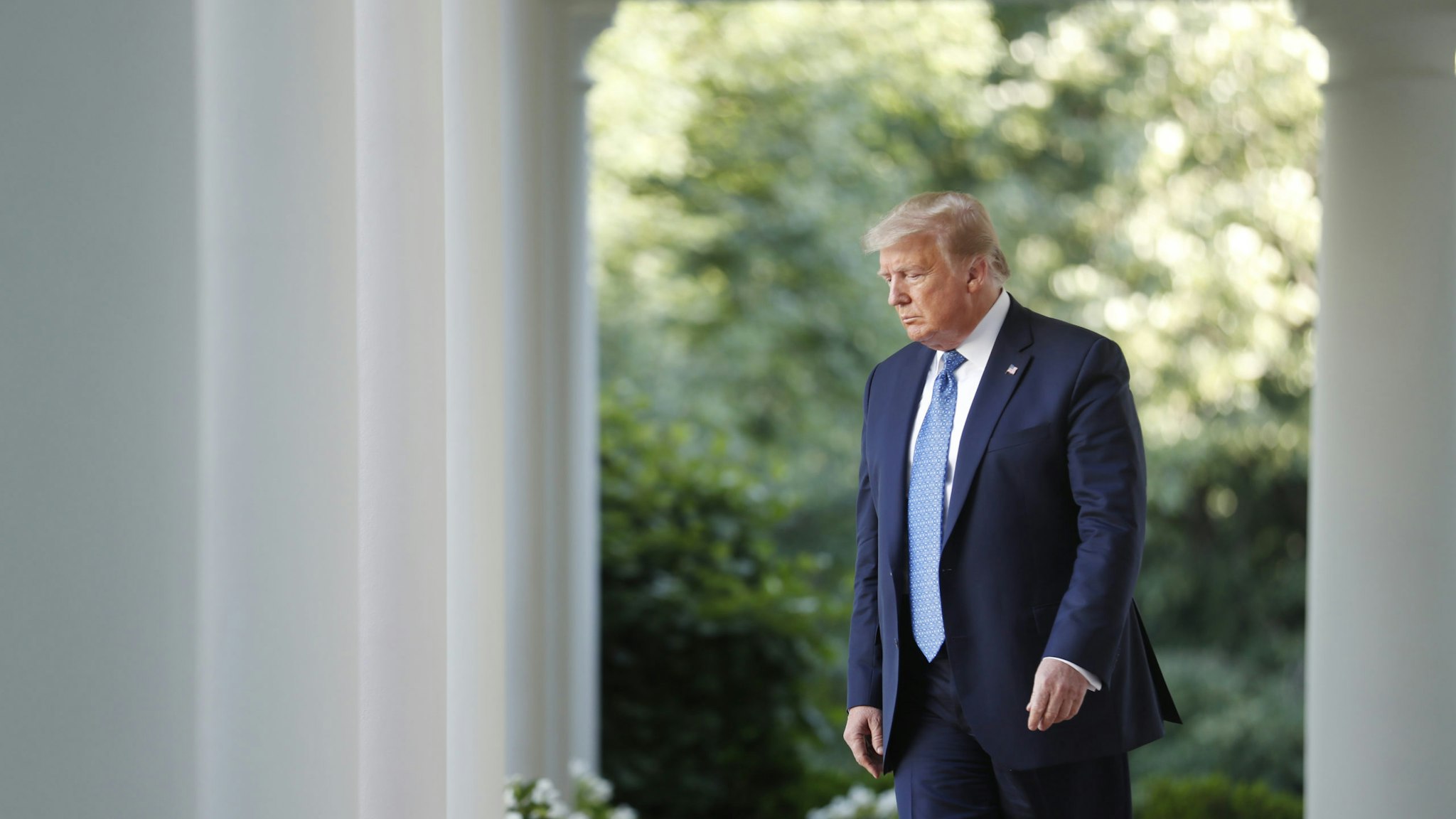 U.S. President Donald Trump arrives to a news conference in the Rose Garden of the White House in Washington, D.C., U.S., on Monday, June 1, 2020. Trump has seized on protests against police brutality toward people of color to portray himself as an icon of law and order, eschewing the soothing role past presidents have adopted in similar moments as he seeks to turn the election-year conversation from his widely panned handling of the coronavirus outbreak. Photographer: Shawn Thew/EPA/Bloomberg via Getty Images