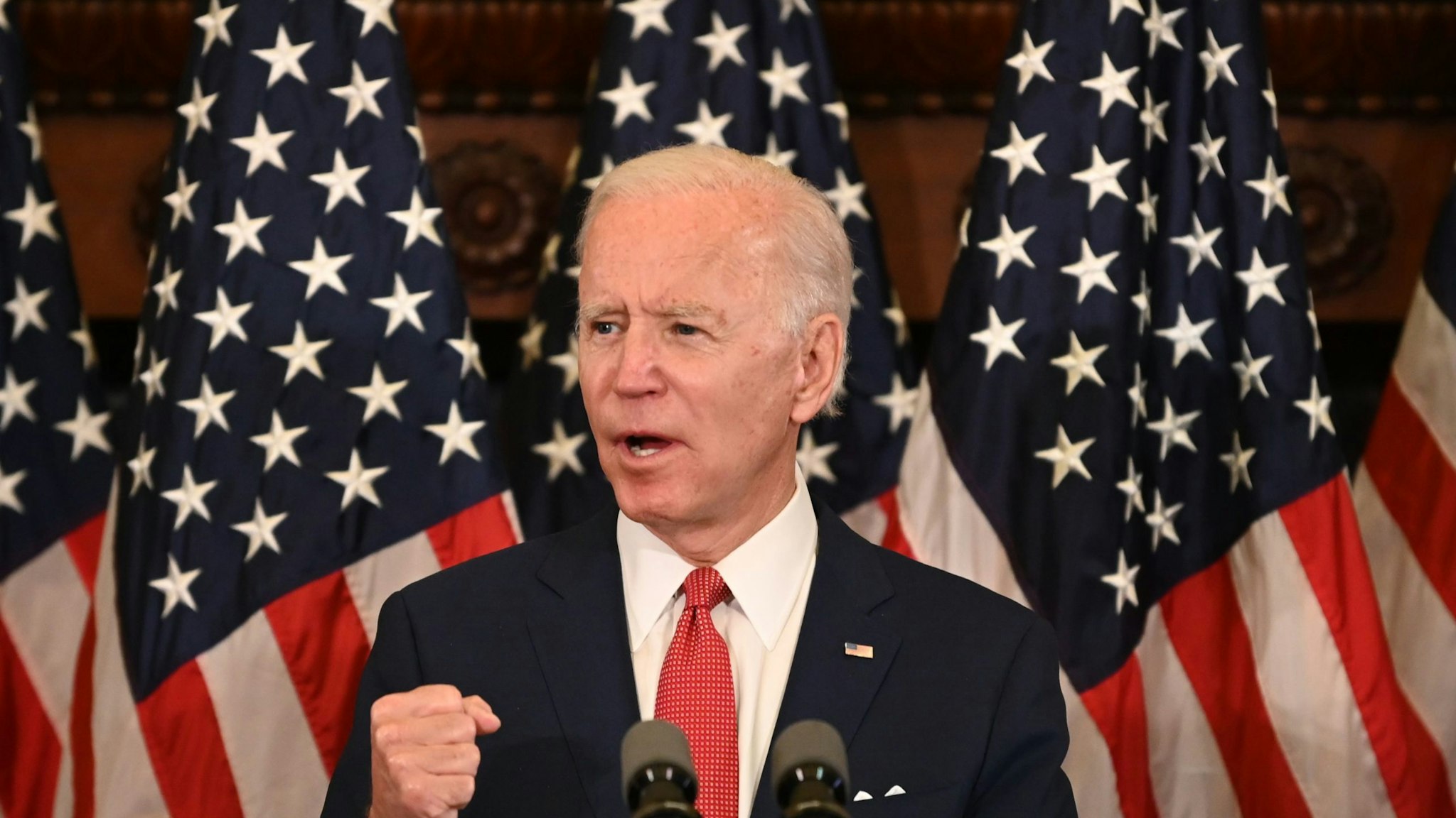 Democratic presidential candidate, and former Vice President Joe Biden speaks about the unrest across the country from Philadelphia City Hall on June 2, 2020 in Philadelphia, Pennsylvania, contrasting his leadership style with that of US President Donald Trump, and calling George Floyds death a wake-up call for our nation. (Photo by JIM WATSON / AFP) (Photo by JIM WATSON/AFP via Getty Images)