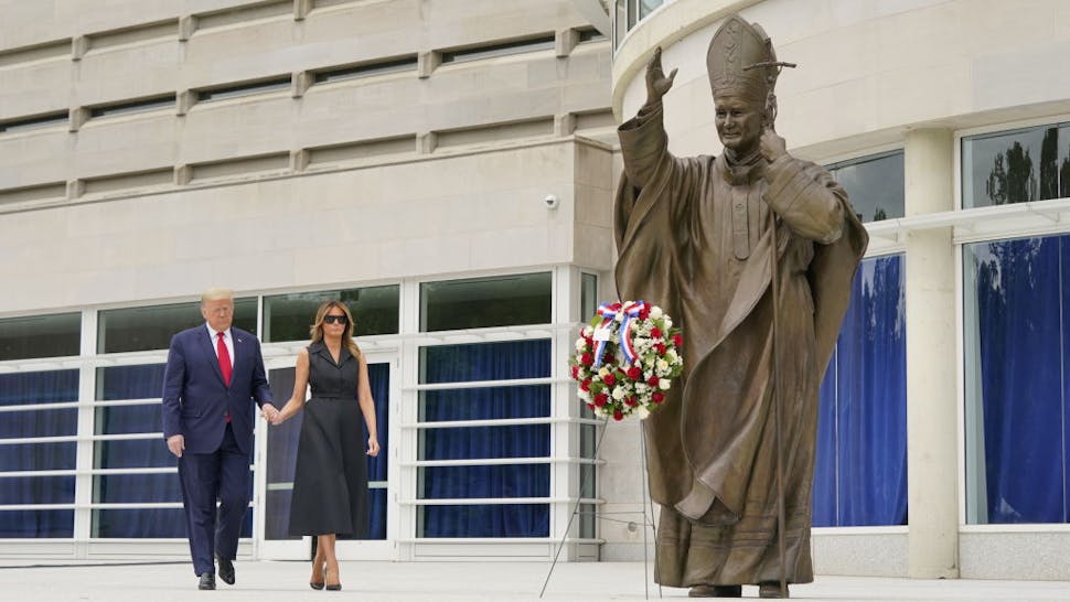 U.S. President Donald Trump and First Lady Melania Trump visit the Saint John Paul II National Shrine in Washington, D.C., U.S., on Tuesday, June 2, 2020.