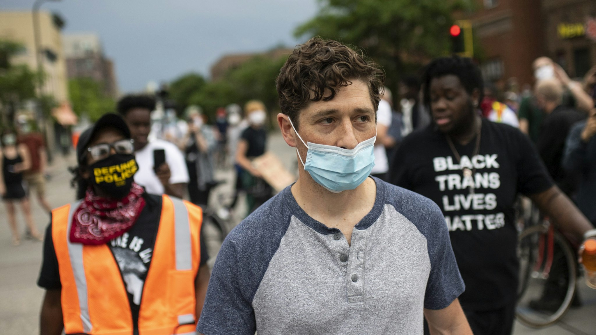 MINNEAPOLIS, MN - JUNE 6: Minneapolis Mayor Jacob Frey looks over a demonstration calling for the Minneapolis Police Department to be defunded on June 6, 2020 in Minneapolis, Minnesota. Mayor Frey spoke at the head of the march but was asked to leave by the organizers after declining to commit to fully defunding the MPD. (Photo by Stephen Maturen/Getty Images)