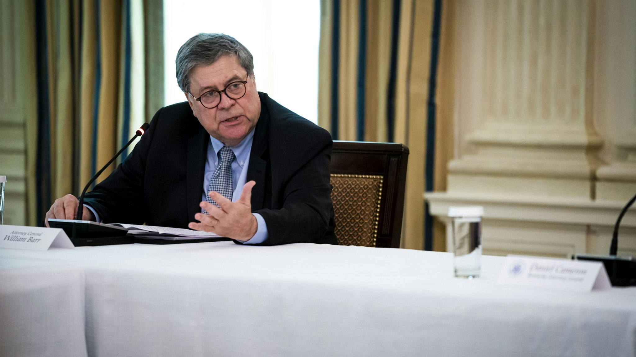 WASHINGTON, DC - JUNE 08: Attorney General William Barr speaks during in a roundtable with law enforcement officials in the State Dining Room of the White House, June, 8, 2020 in Washington, DC. (Photo by Doug Mills-Pool/Getty Images)