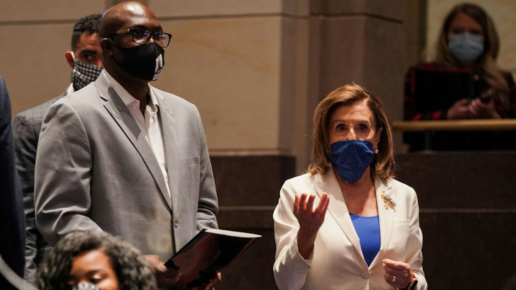 Philonise Floyd, brother of George Floyd; and U.S. House Speaker Nancy Pelosi arrive before a House Judiciary Committee hearing on police brutality and racial profiling on June 10, 2020 in Washington, DC.