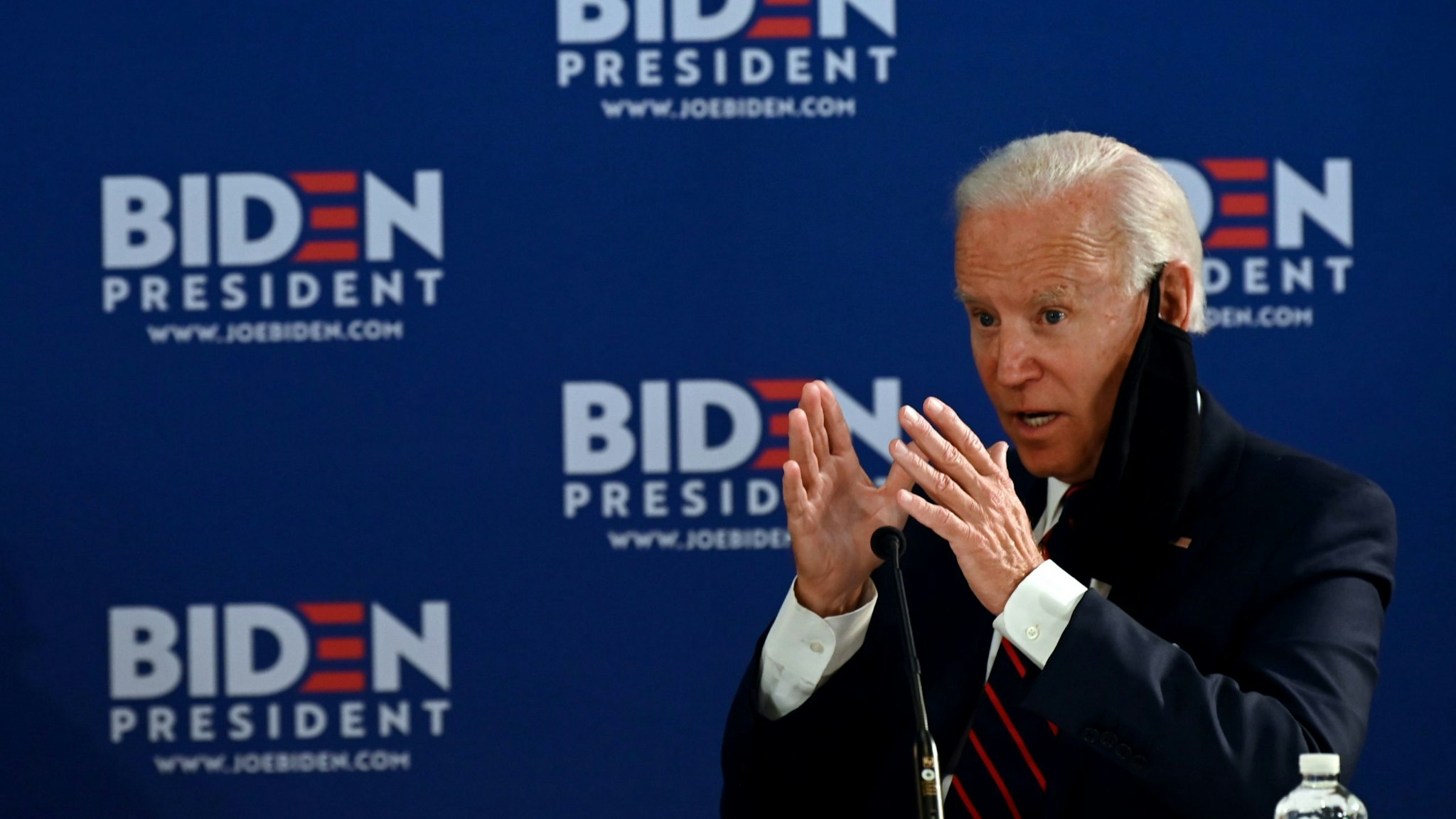 Democratic presidential candidate Joe Biden holds a roundtable meeting on reopening the economy with community leaders at the Enterprise Center in Philadelphia, Pennsylvania, on June 11, 2020. (Photo by JIM WATSON / AFP) (Photo by JIM WATSON/AFP via Getty Images)